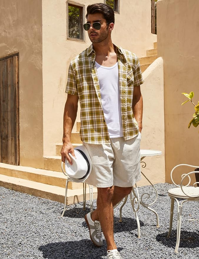 COOFANDY Men's 2 Packs Flat Front Linen Shorts Lightweight Beach Shorts