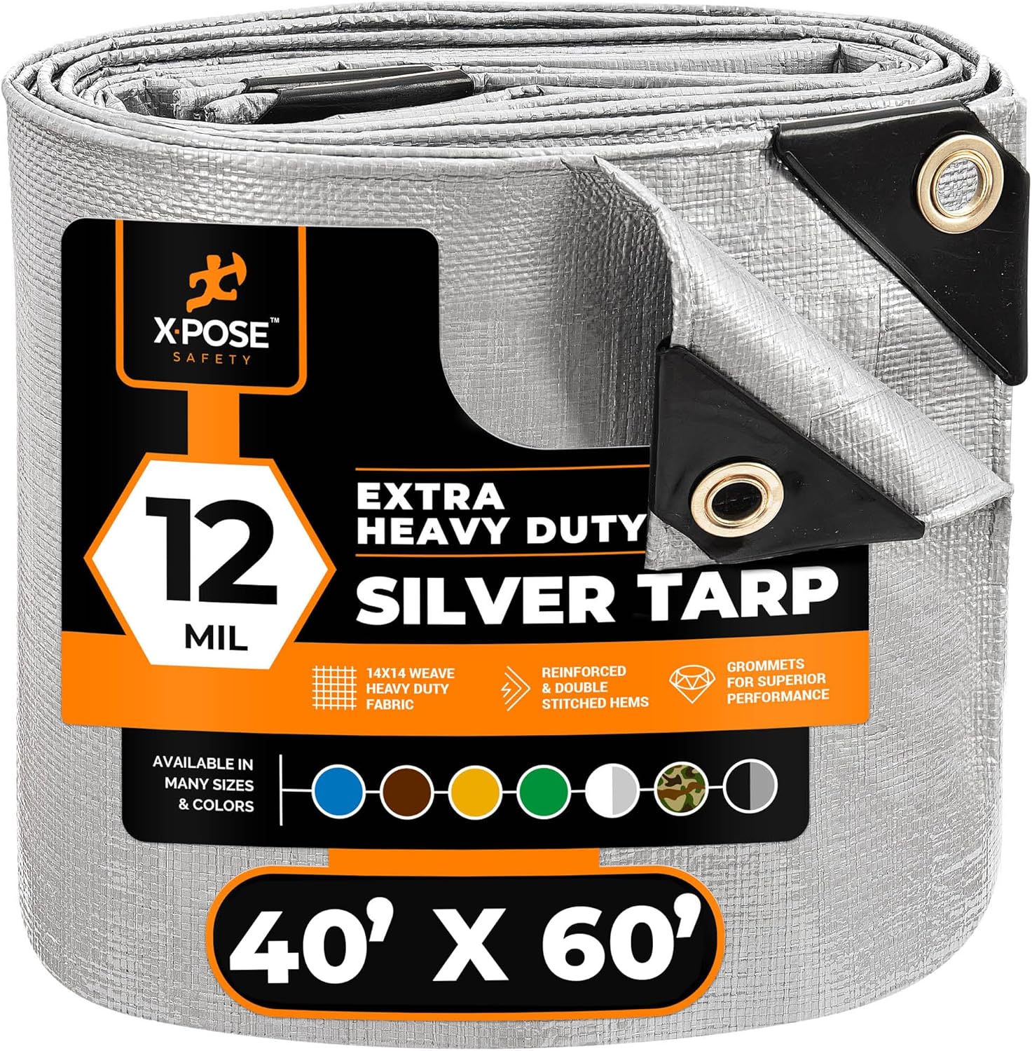Heavy Duty Silver Poly Tarp 40' X 60' - Multipurpose Protective Cover - Durable Waterproof Weather Proof Rip and Tear Resistant - Extra Thick 12 Mil Polyethylene - by Xpose Safety