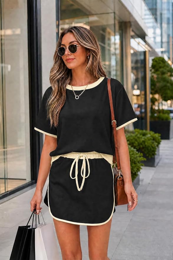 Opemiby Fashion Summer Two Piece Set Crewneck Tshirt and Short Sets Minimalist Design No Pockets Cruise Outfit for Going Out Polished Brunch Coffee Beach Vacation Travel Airport Black 2XL