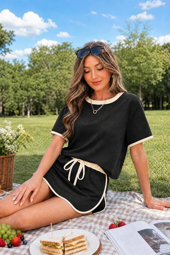 Opemiby Fashion Summer Two Piece Set Crewneck Tshirt and Short Sets Minimalist Design No Pockets Cruise Outfit for Going Out Polished Brunch Coffee Beach Vacation Travel Airport Black 2XL