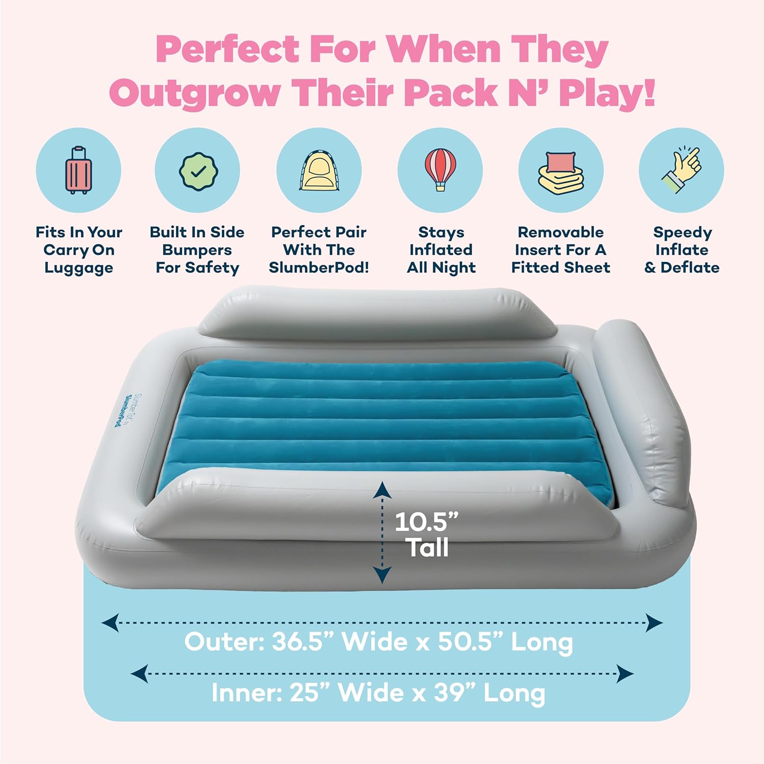SlumberPod SlumberTot Inflatable Toddler Travel Bed - Portable Kids Air Mattress with Safety Bumpers - Perfectly Sized Ideal for Travel or Home Use - Includes Electric Pump