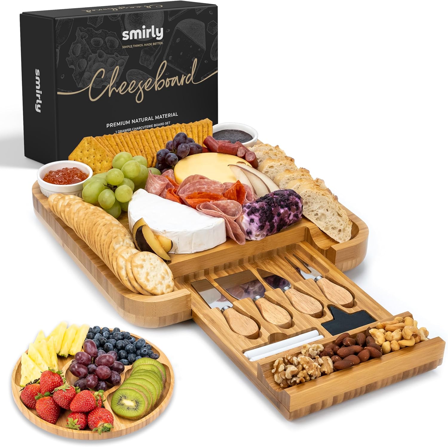 SMIRLY Charcuterie Large Bamboo Cheese Board Set for Serving - House Warming Gifts for New Home Wedding Bridal Shower & Birthday for Women