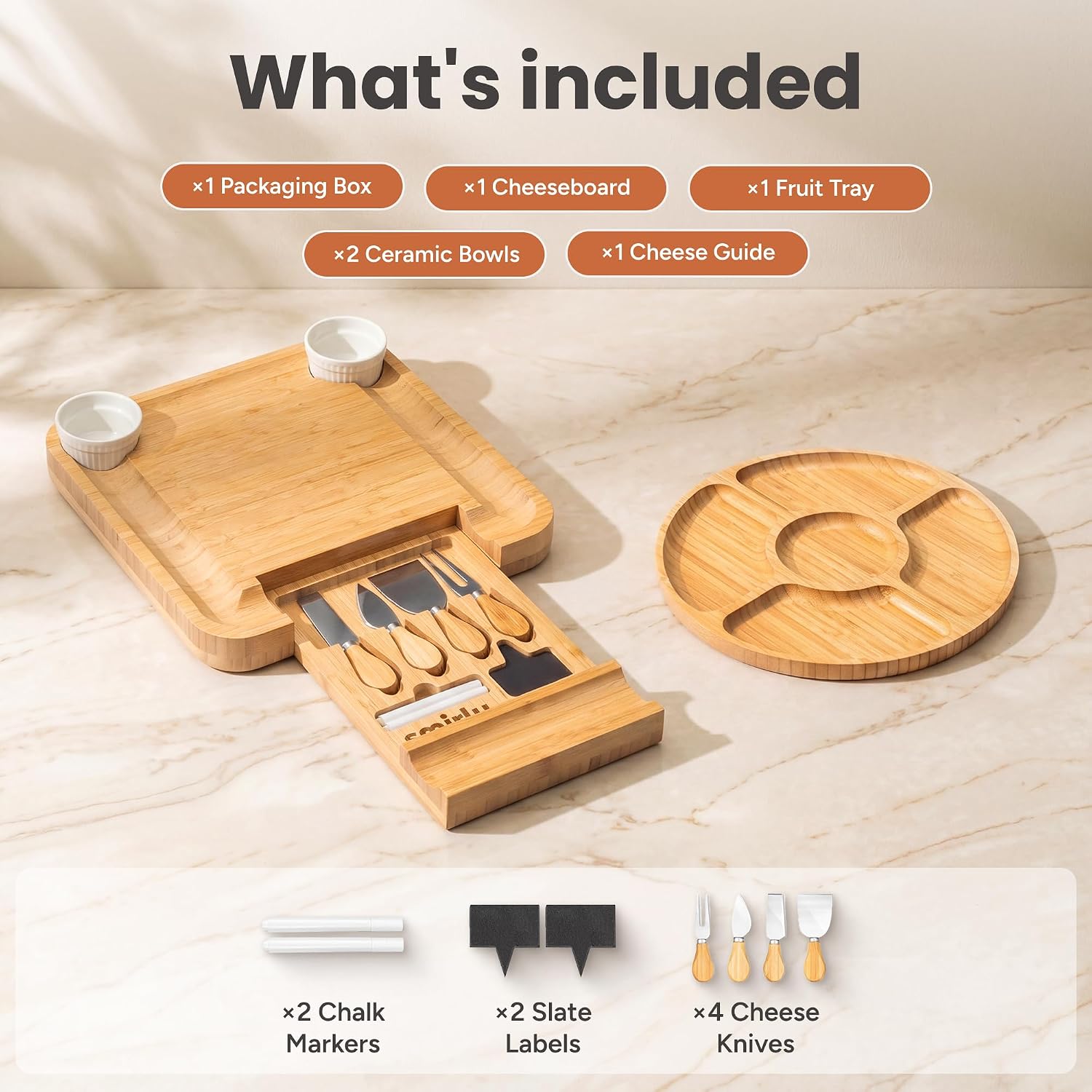 SMIRLY Charcuterie Large Bamboo Cheese Board Set for Serving - House Warming Gifts for New Home Wedding Bridal Shower & Birthday for Women