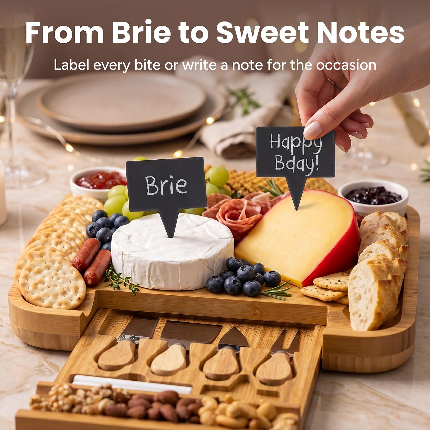SMIRLY Charcuterie Large Bamboo Cheese Board Set for Serving - House Warming Gifts for New Home Wedding Bridal Shower & Birthday for Women