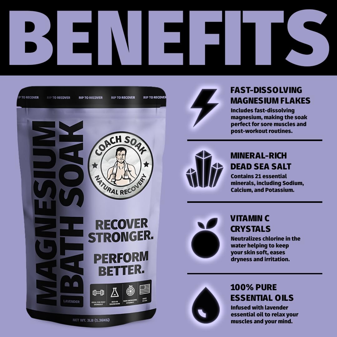 Coach Soak Recovery Bath Soak - Alternative to Epsom Salt Bath Soak - Fast-Absorbing Pure Magnesium Flakes & Dead Sea Salt with 21 Minerals Bath Salts & Essential Oils - 15 lb Lavender