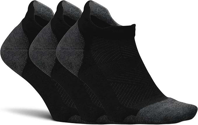 Feetures Elite Max Cushion No Show Tab Ankle Socks - Sport Sock with Targeted Compression- New Black L (3 Pair)