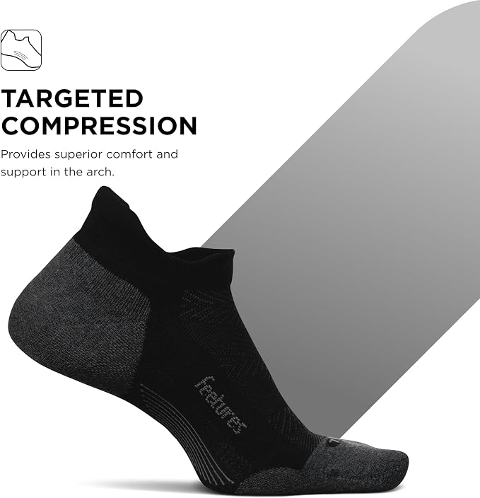Feetures Elite Max Cushion No Show Tab Ankle Socks - Sport Sock with Targeted Compression- New Black L (3 Pair)