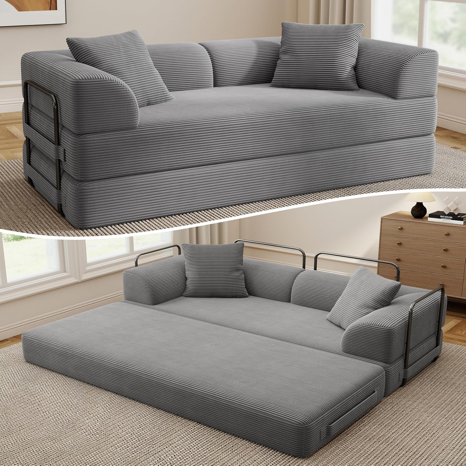 Cloud Boneless Couch Futon Sofa Bed 5-in-1 Convertible Sofa Bed Pull Out Couch Sleeper Sofa Compressed Loveseat 70" High-Density Sponge & Corduroy Fabric Futon Daybed for Living Room Bedroom (Gray)