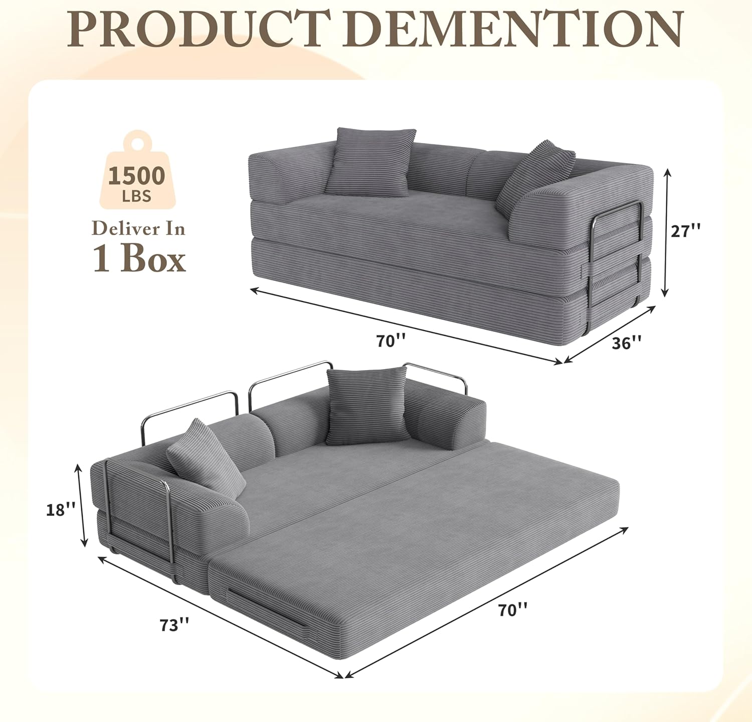 Cloud Boneless Couch Futon Sofa Bed 5-in-1 Convertible Sofa Bed Pull Out Couch Sleeper Sofa Compressed Loveseat 70" High-Density Sponge & Corduroy Fabric Futon Daybed for Living Room Bedroom (Gray)