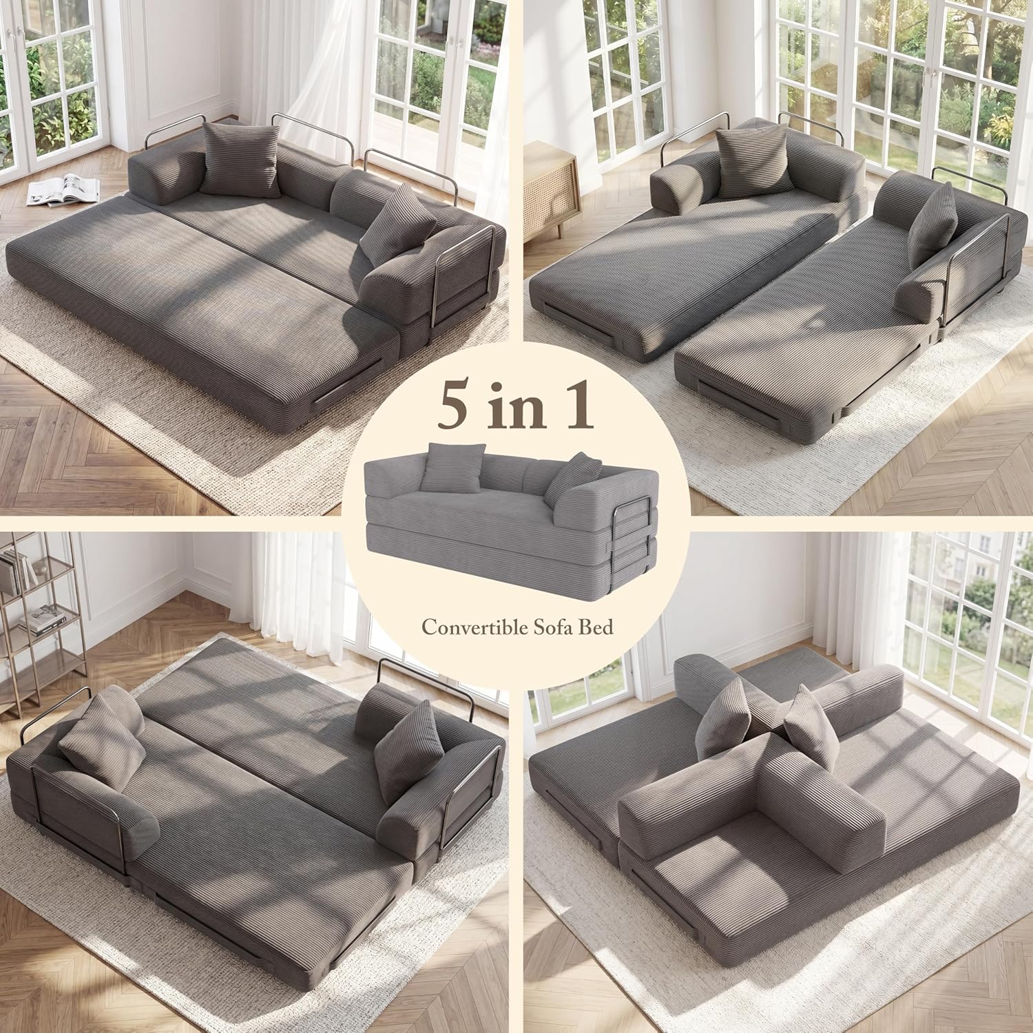 Cloud Boneless Couch Futon Sofa Bed 5-in-1 Convertible Sofa Bed Pull Out Couch Sleeper Sofa Compressed Loveseat 70" High-Density Sponge & Corduroy Fabric Futon Daybed for Living Room Bedroom (Gray)