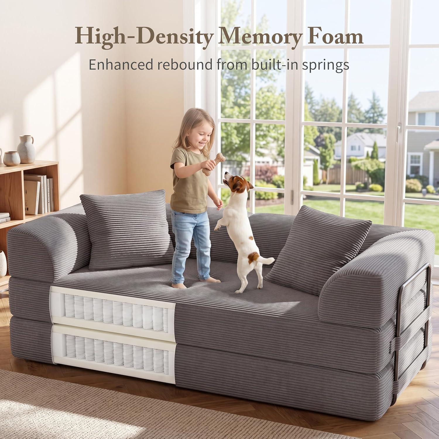 Cloud Boneless Couch Futon Sofa Bed 5-in-1 Convertible Sofa Bed Pull Out Couch Sleeper Sofa Compressed Loveseat 70" High-Density Sponge & Corduroy Fabric Futon Daybed for Living Room Bedroom (Gray)