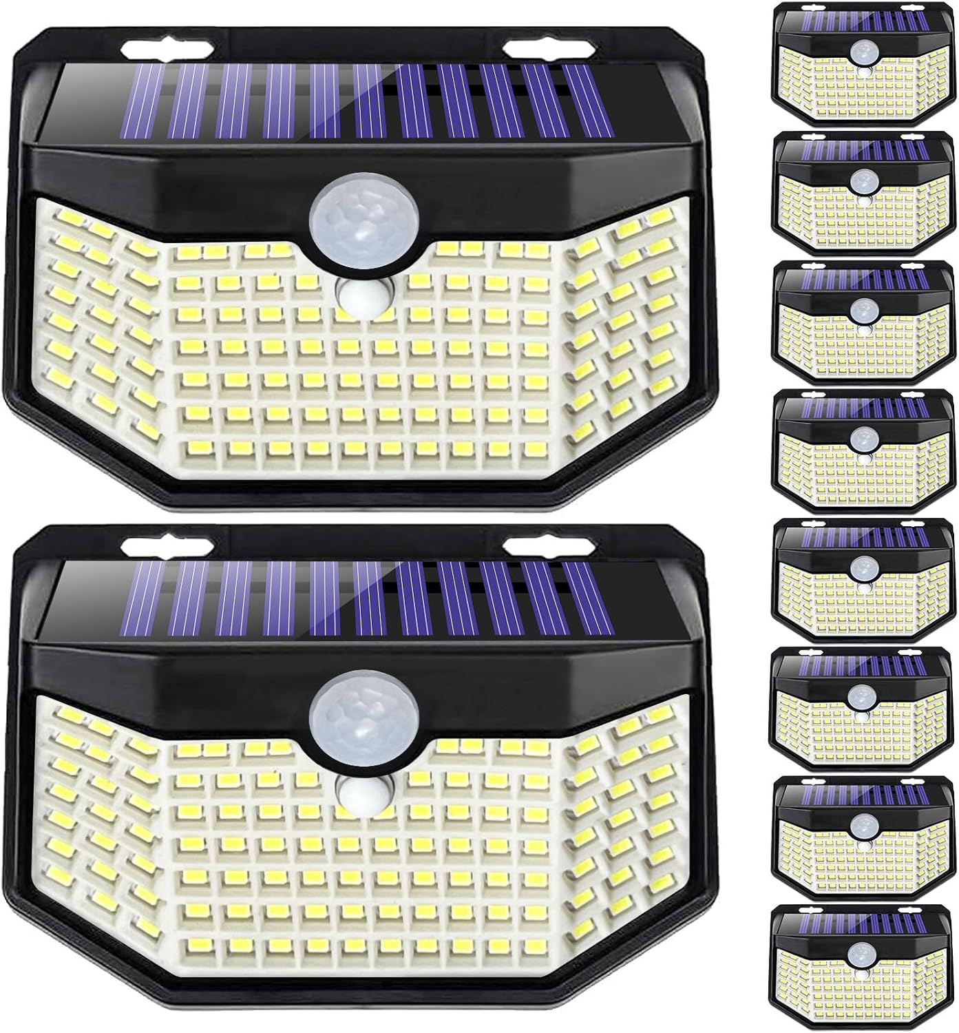 HMCITY Outdoor Solar Lights 120 LED with Motion Sensor and 3 Lighting Modes IP65 Waterproof 130 ¬∞ Wide Solar Wall Lights Powered for Garden Patio(Front Button 10Packs Black Shell-Daylight White)
