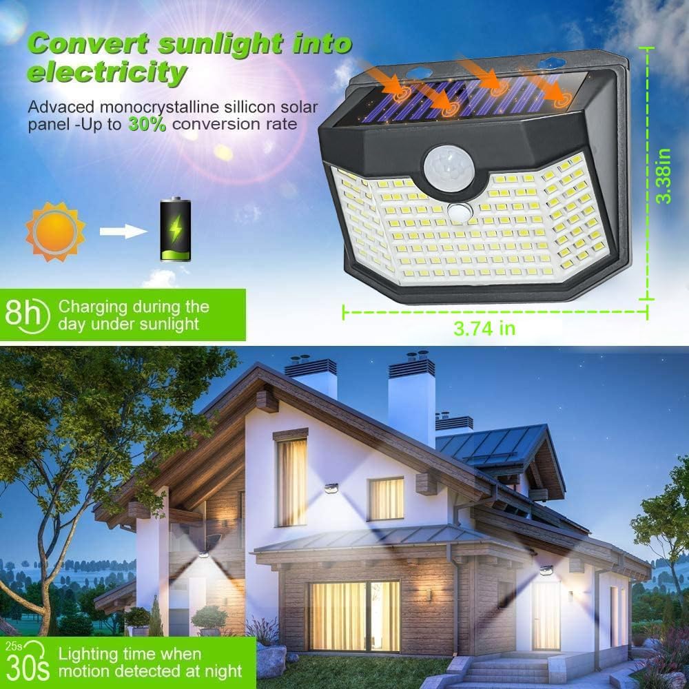 HMCITY Outdoor Solar Lights 120 LED with Motion Sensor and 3 Lighting Modes IP65 Waterproof 130 ¬∞ Wide Solar Wall Lights Powered for Garden Patio(Front Button 10Packs Black Shell-Daylight White)