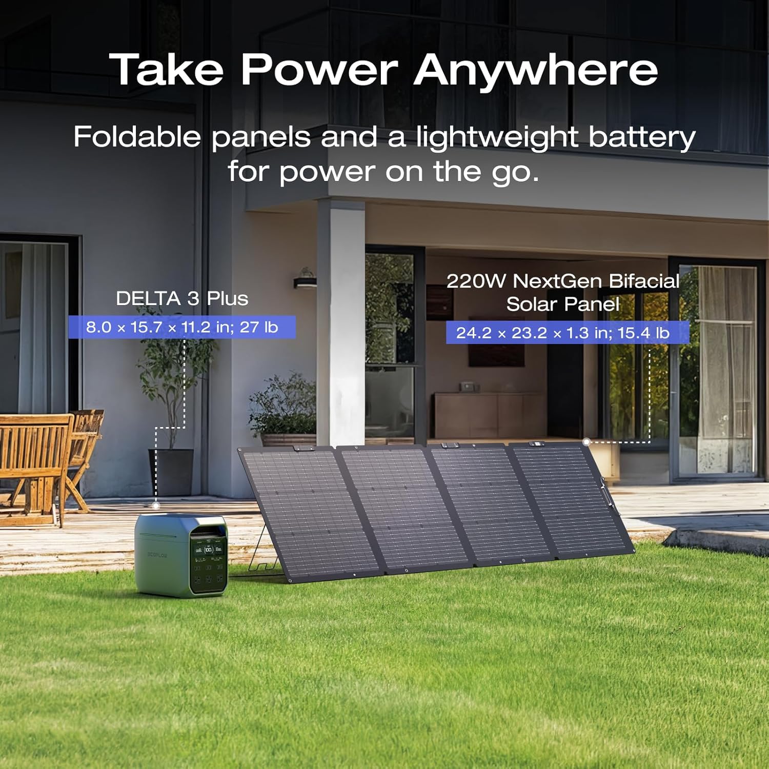 EF ECOFLOW Solar Generator DELTA 3 Plus with 220W Bifacial Solar Panel, 1000W Solar Input, LFP(LiFePO4) Battery