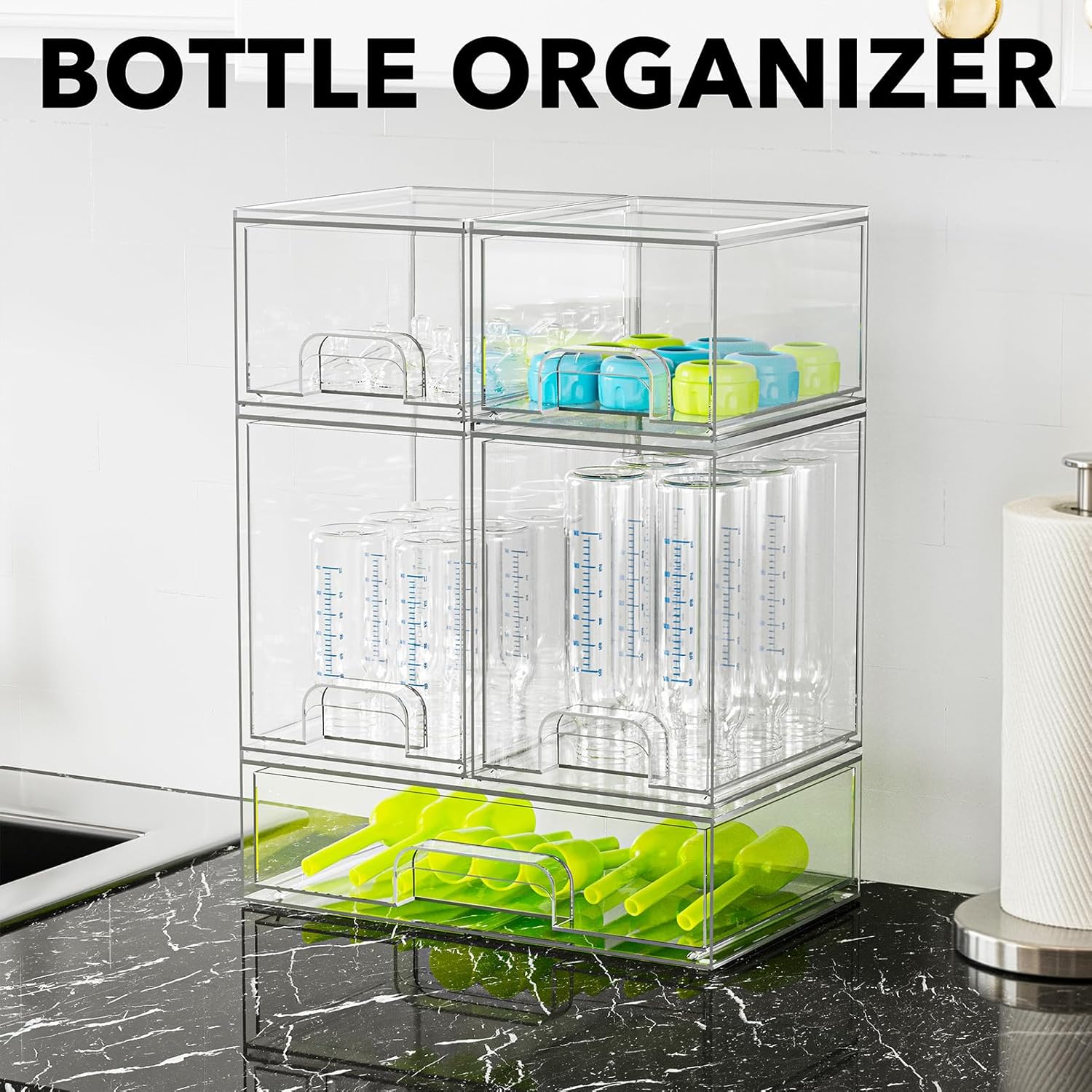 SpaceAid Bottle Storage Organizer Baby - Acrylic Bottles Station Organizer Container Stackable Clear Drawers for Countertop Vanity Bathroom Cabinet Pantry Organization 5 Pack 2S2M1L 15.4" H