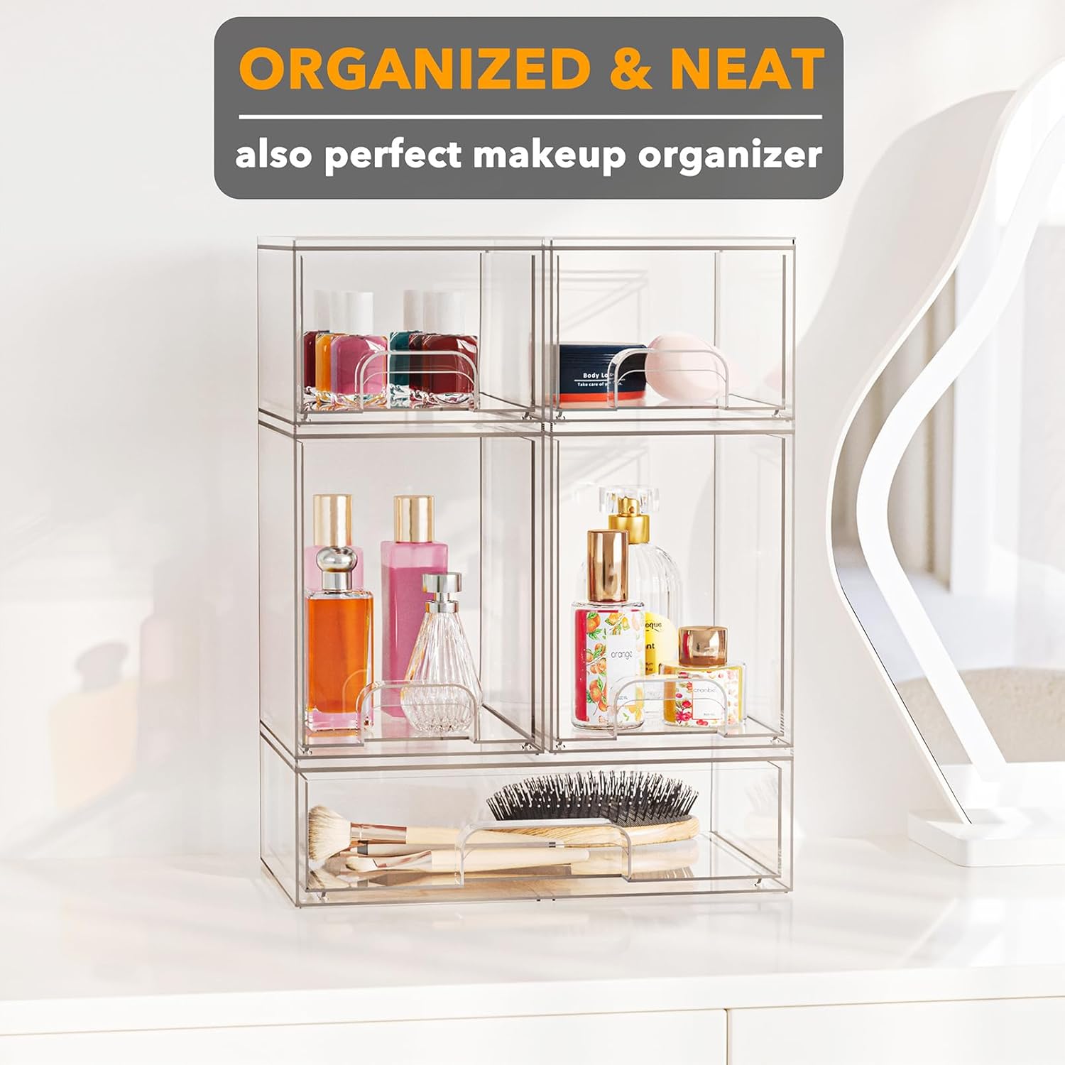 SpaceAid Bottle Storage Organizer Baby - Acrylic Bottles Station Organizer Container Stackable Clear Drawers for Countertop Vanity Bathroom Cabinet Pantry Organization 5 Pack 2S2M1L 15.4" H