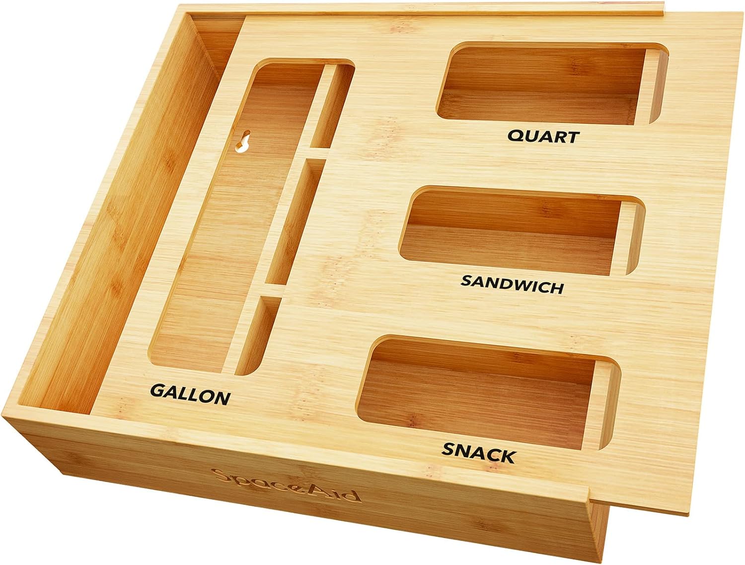 SpaceAid Bag Storage Organizer for Kitchen Drawer Bamboo Organizer Compatible with Gallon Quart Sandwich and Snack Variety Size Bag (1 Box 4 Slots)