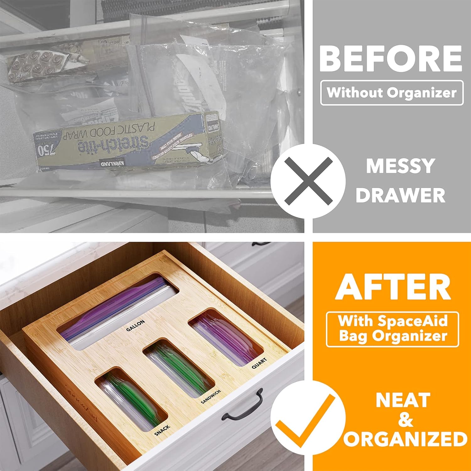 SpaceAid Bag Storage Organizer for Kitchen Drawer Bamboo Organizer Compatible with Gallon Quart Sandwich and Snack Variety Size Bag (1 Box 4 Slots)
