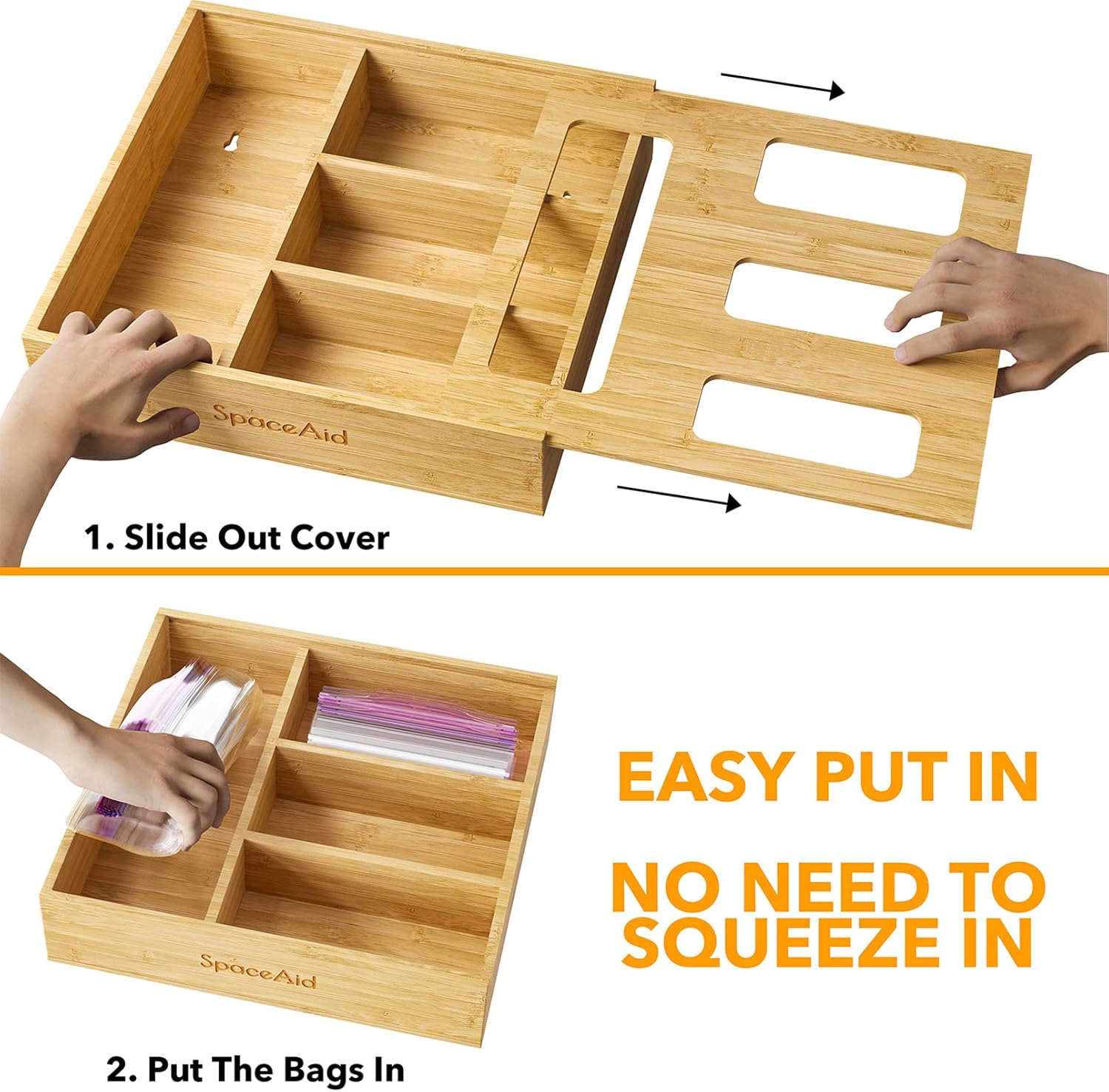 SpaceAid Bag Storage Organizer for Kitchen Drawer Bamboo Organizer Compatible with Gallon Quart Sandwich and Snack Variety Size Bag (1 Box 4 Slots)