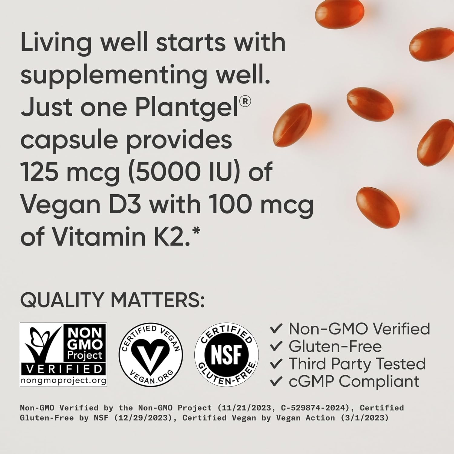 Sports Research Vitamin D3 + K2 w/ Coconut Oil - Vegan Vitamin D 5000iu & Mk7 Vitamin K 100mcg for Bone & Immune Support - Vegan Certified · Non-GMO · Soy Free - 60 Softgels