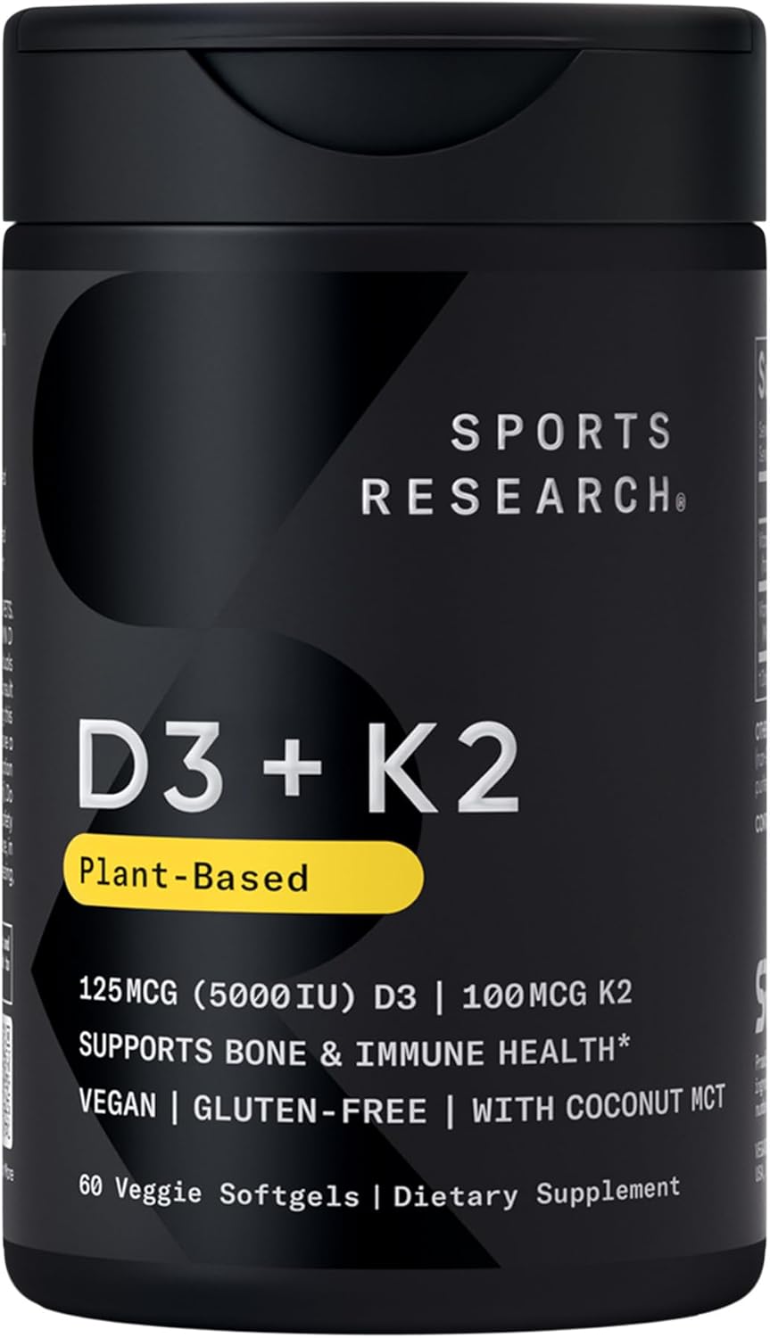 Sports Research Vitamin D3 + K2 w/ Coconut Oil - Vegan Vitamin D 5000iu & Mk7 Vitamin K 100mcg for Bone & Immune Support - Vegan Certified · Non-GMO · Soy Free - 60 Softgels