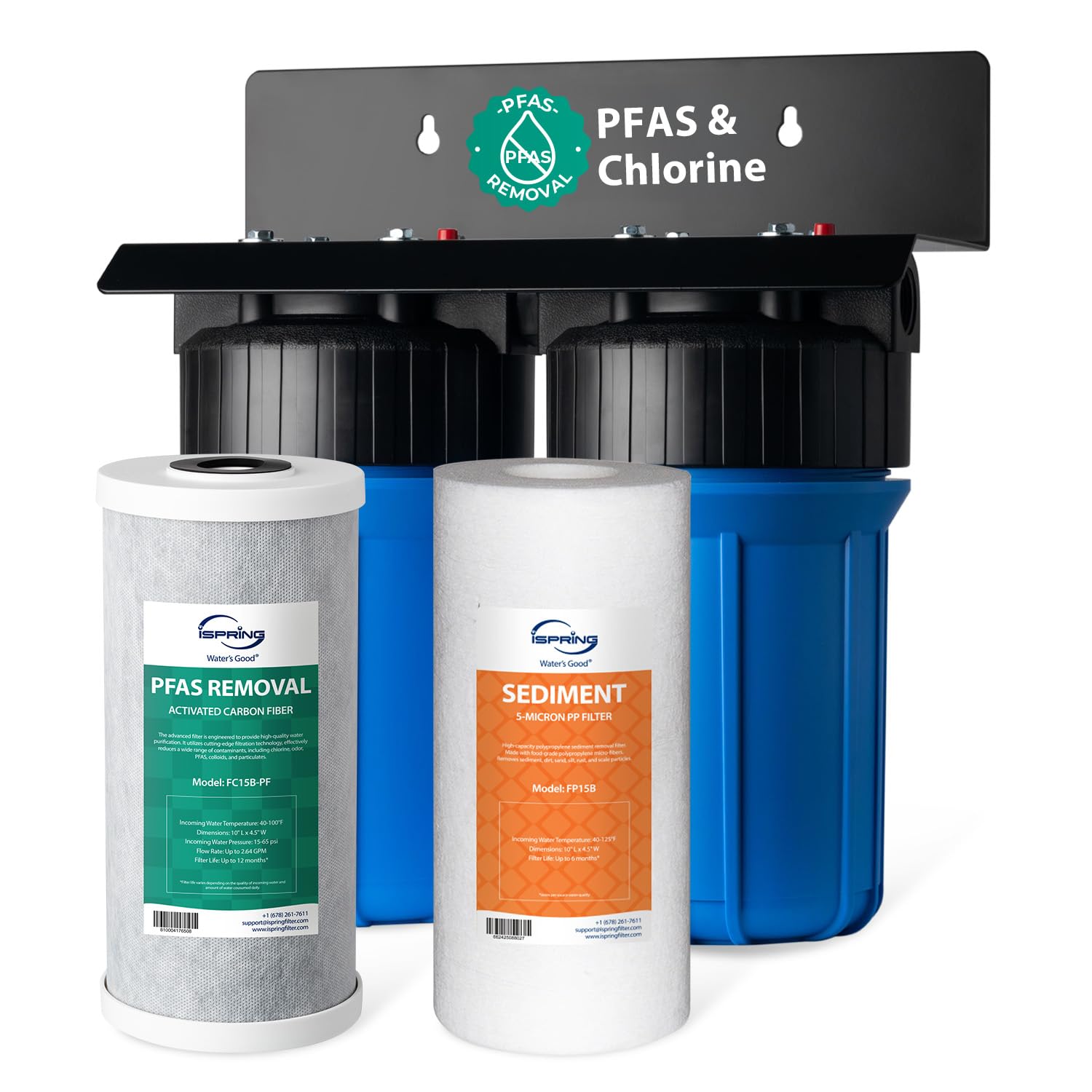 iSpring PFAS Whole House Water Filter System SGS-Tested to Remove up to 99% PFAS 2-Stage Filtration Reduces Sediment Chlorine Chemical Taste & Odor 10-Inch Filters 1" Inlet/Outlet Model: WGB21B-PF