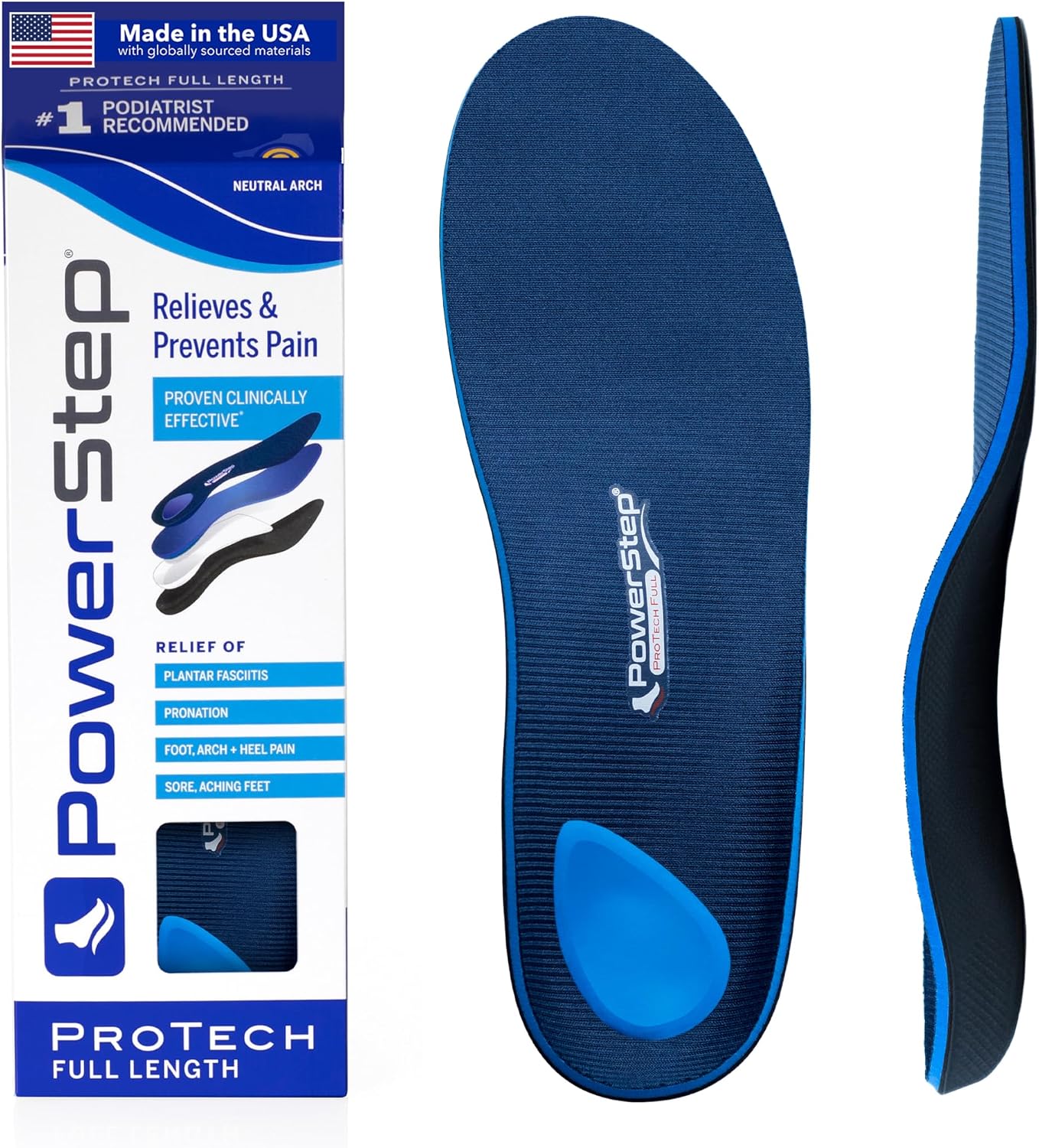 PowerStep ProTech Full Length Orthotic Insoles - Medical Grade Arch Support Inserts for Plantar Fasciitis Relief, Heel Pain, Maximum Cushioning, Memory Foam Orthotics, Made in the USA