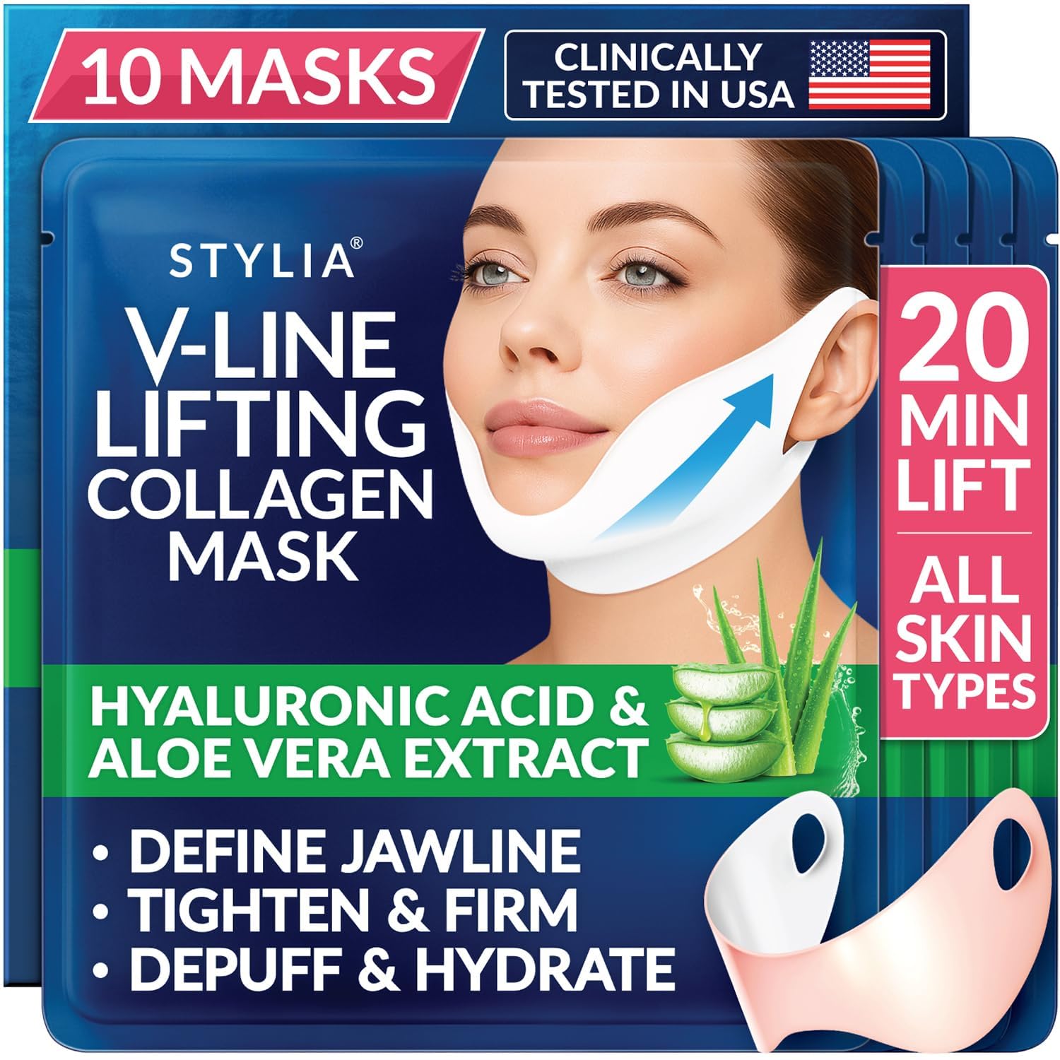 Stylia V Line Lifting Collagen Mask - Lift Firm & Contour Jawline - Tightening Double Chin Strap with Hyaluronic Acid & Aloe - Neck Tightening and Lifting Mask - Jawline Shaper Face Lift Tape (10PC)