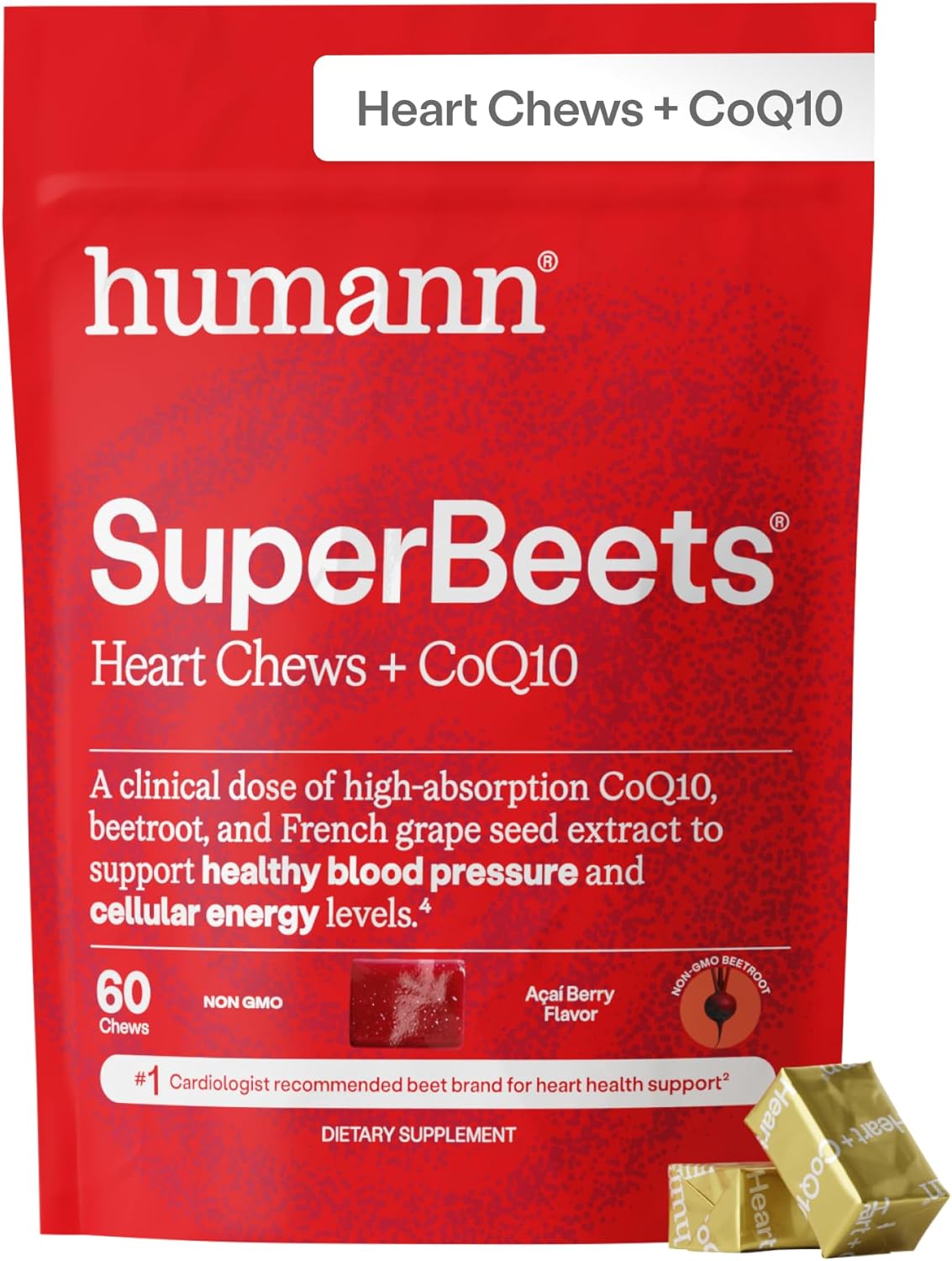 HumanN SuperBeets 3-in-1 Heart Chews - 3X Absorption CoQ10 - Plus Beetroot & Grape Seed Extract, Blood Pressure Support, Support Healthy Blood Flow, Circulation, 60 Count