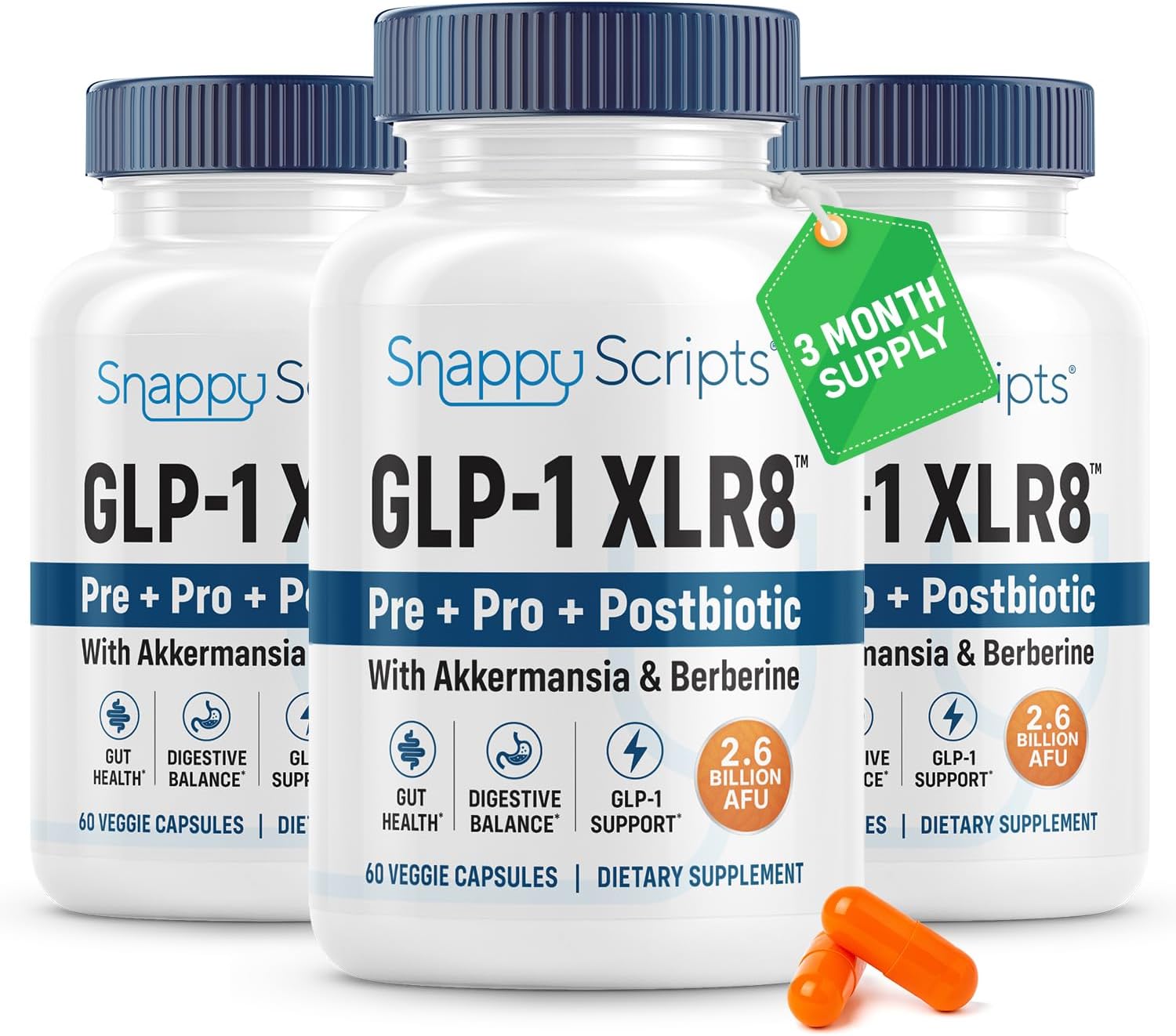 GLP-1 XLR8 Supplement for Weight Loss, Digestion, Constipation, Bloating Relief with Akkermansia 2.6 Billion AFU Live Prebiotic Probiotic Postbiotic Gut Health + Berberine for Women Men 180 Capsules