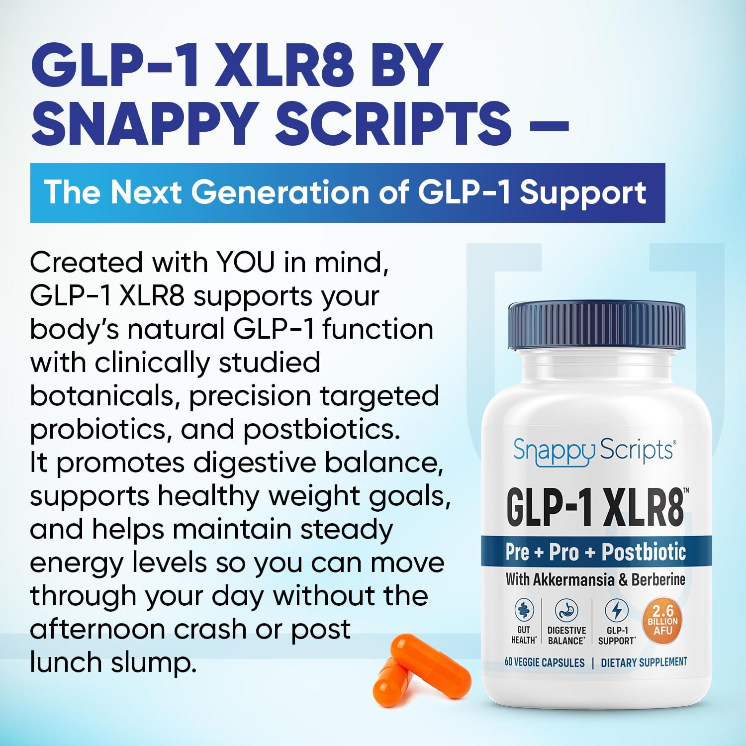 GLP-1 XLR8 Supplement for Weight Loss, Digestion, Constipation, Bloating Relief with Akkermansia 2.6 Billion AFU Live Prebiotic Probiotic Postbiotic Gut Health + Berberine for Women Men 180 Capsules