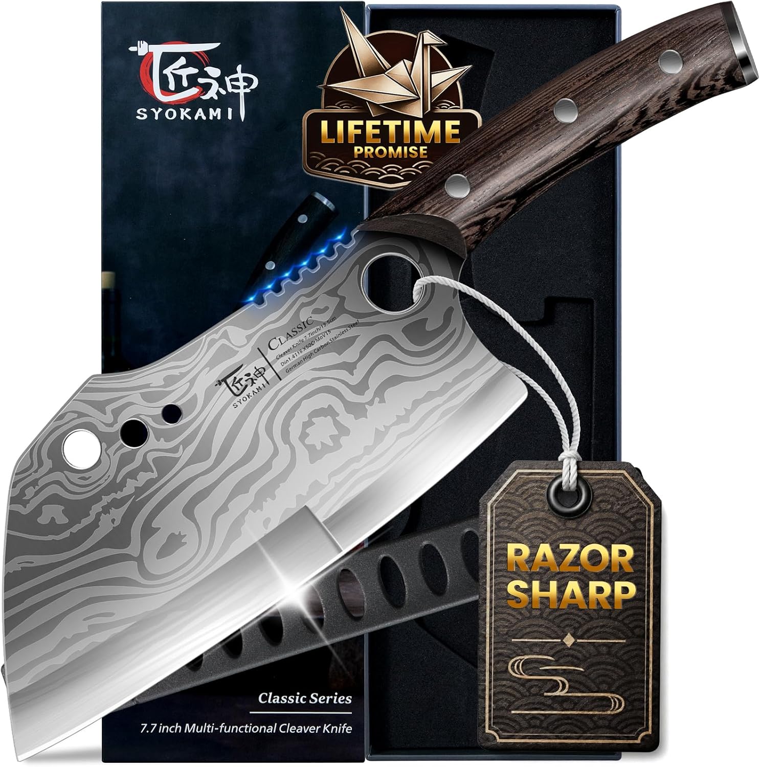SYOKAMI Meat Cleaver Chef Knife with Sheath, 7.7 Inch Butcher Knife with Herb Stripper, Chopping Knife Heavy Duty Bone Cutting, Damascus Pattern Full Tang Wood Handle, Birthday Gift for Men