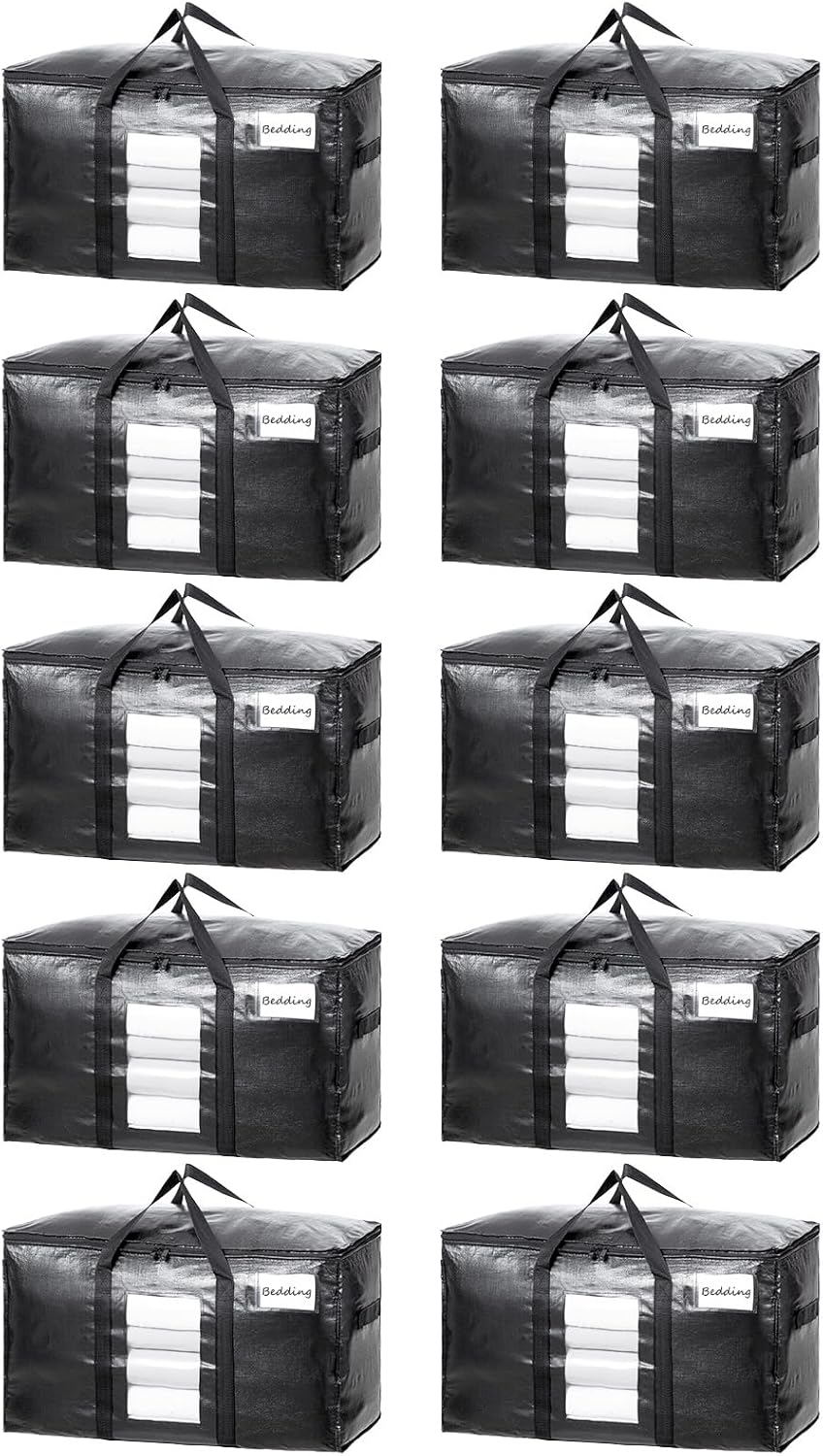 TAILI Extra Large Moving Bags 10 Pack Black Heavy Duty Totes For Storage with Visible Window Wrap Around Handles Storage Bags for Space Saving Alternative to Moving Boxes