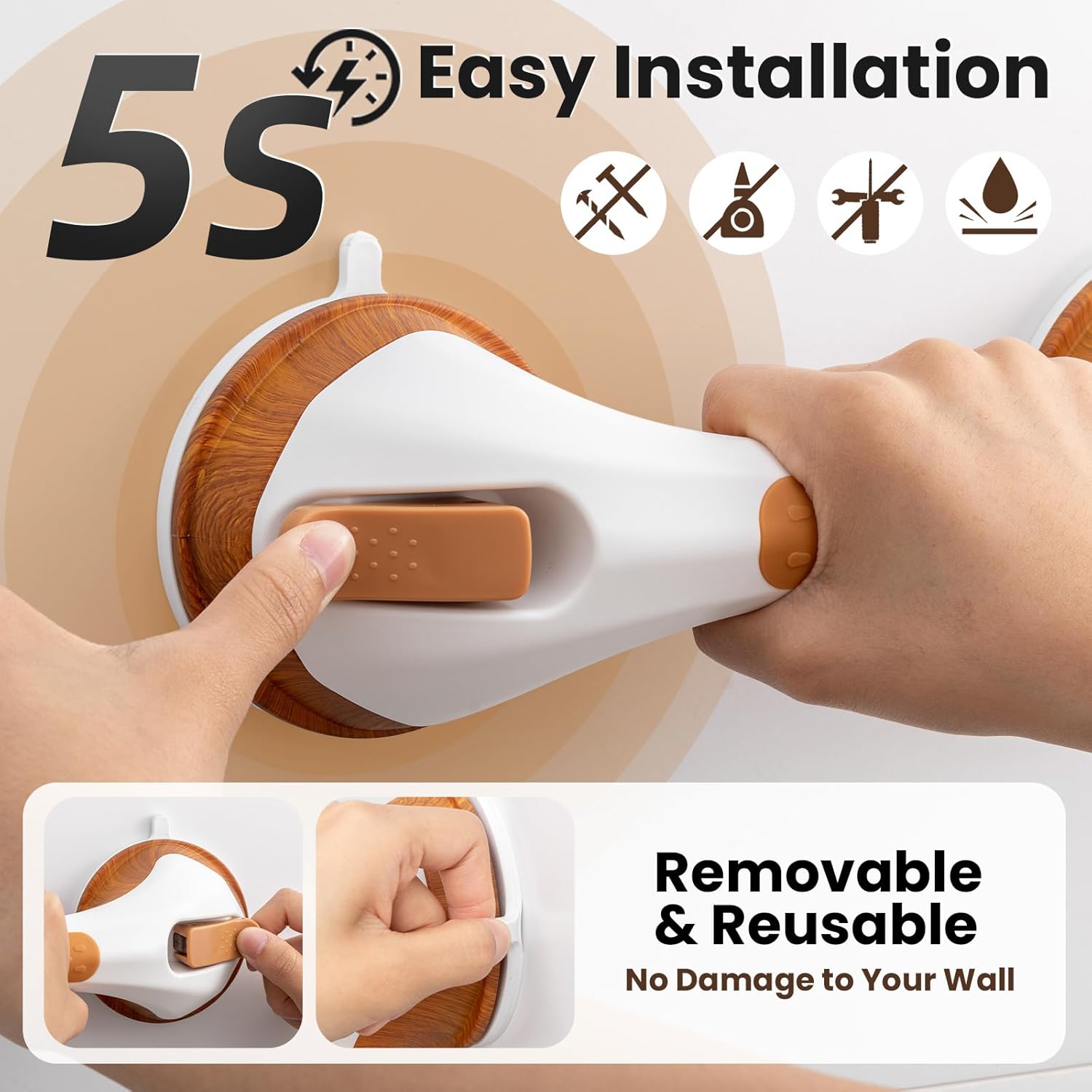 TAILI Grab Bars for Bathtubs and Showers 2 Pack Suction Grab Bar Heavy Duty Shower Handle Removable Bath Handrails for Seniors and Elderly Bathroom Safety Grip No Drilling Waterproof Wood Grain G9