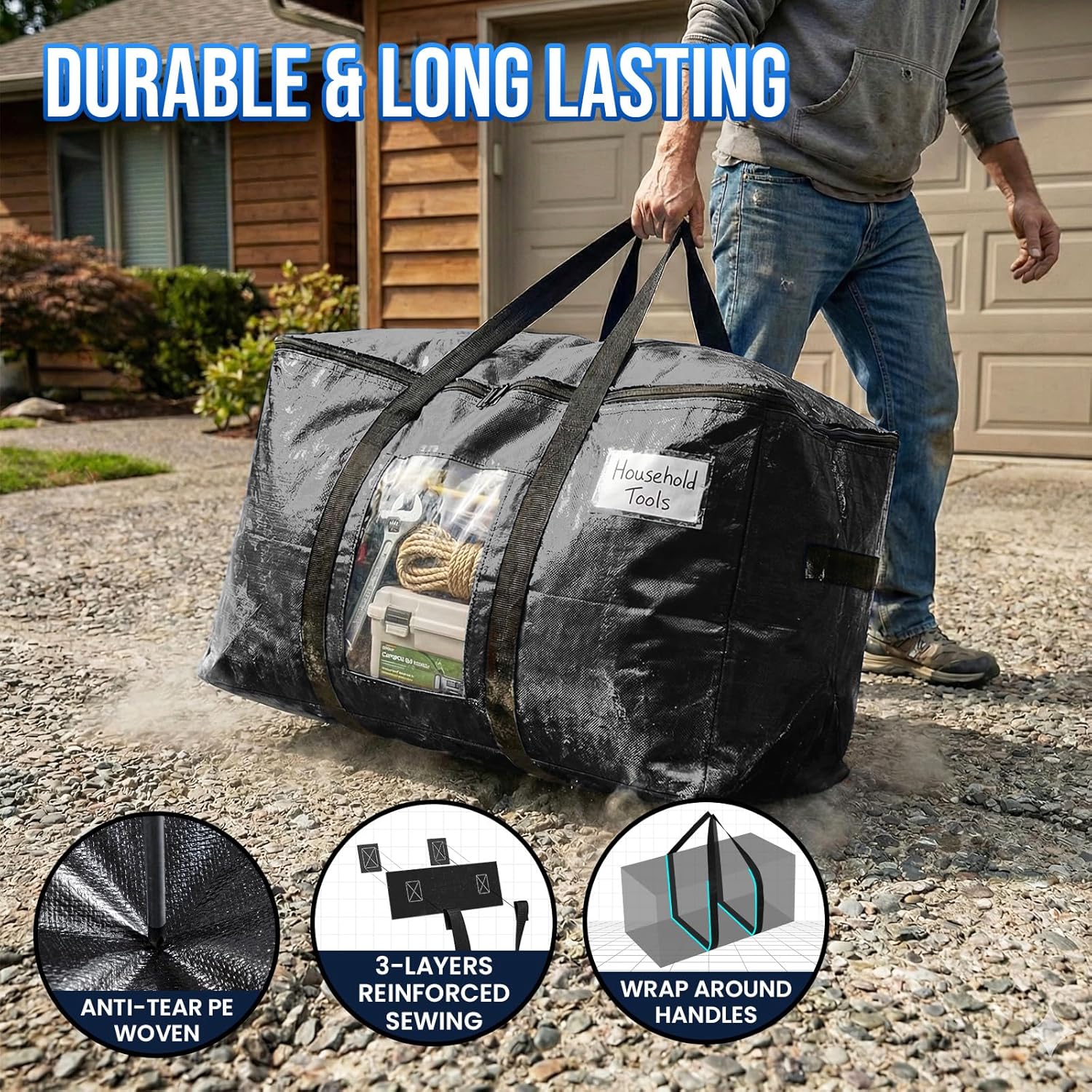 TAILI Extra Large Moving Bags 10 Pack Black Heavy Duty Totes For Storage with Visible Window Wrap Around Handles Storage Bags for Space Saving Alternative to Moving Boxes