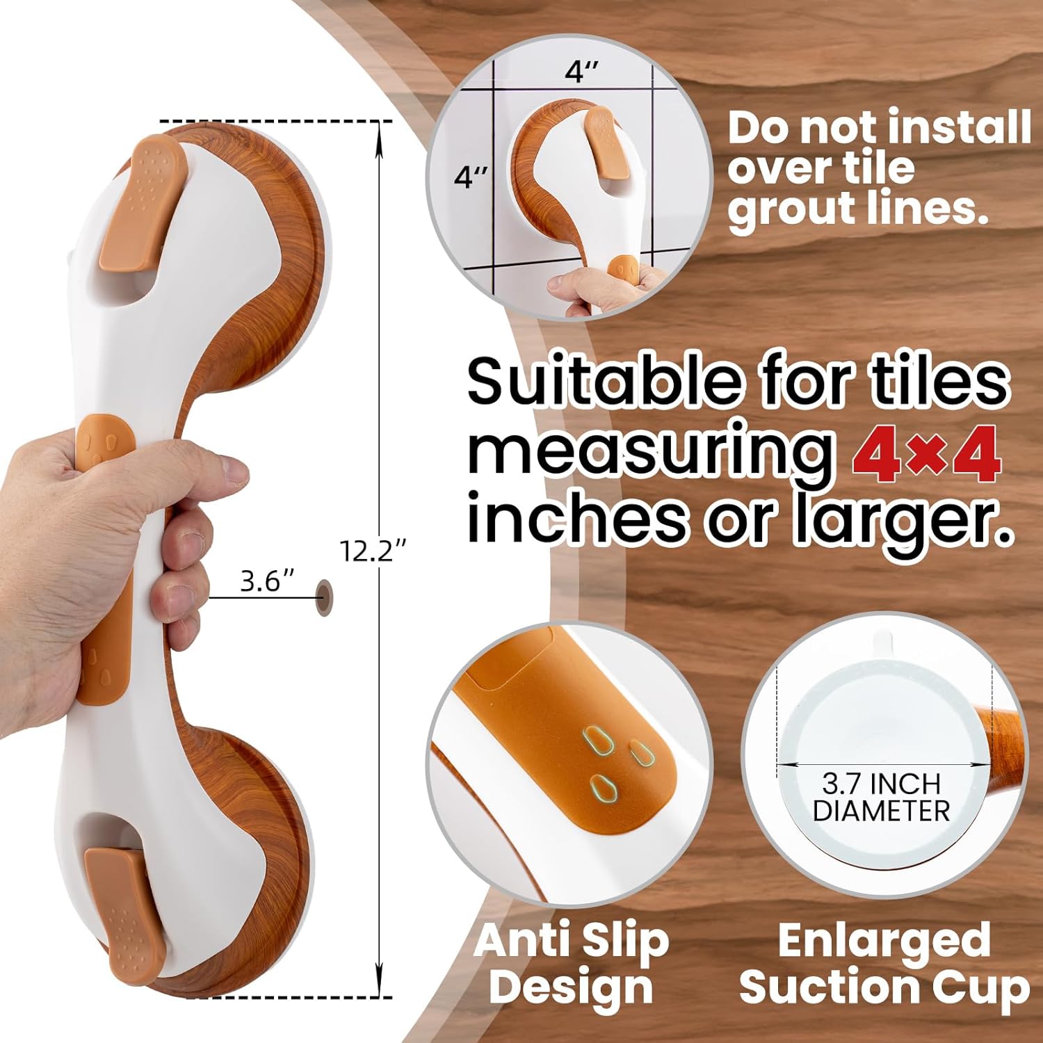 TAILI Grab Bars for Bathtubs and Showers 2 Pack Suction Grab Bar Heavy Duty Shower Handle Removable Bath Handrails for Seniors and Elderly Bathroom Safety Grip No Drilling Waterproof Wood Grain G9