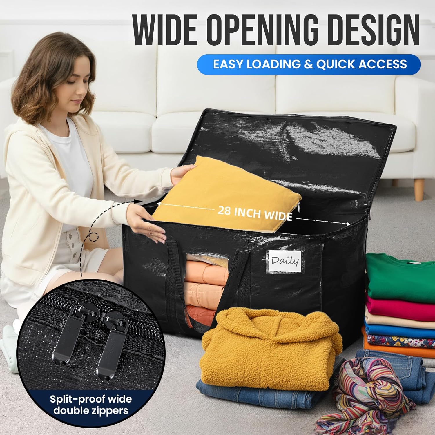 TAILI Extra Large Moving Bags 10 Pack Black Heavy Duty Totes For Storage with Visible Window Wrap Around Handles Storage Bags for Space Saving Alternative to Moving Boxes