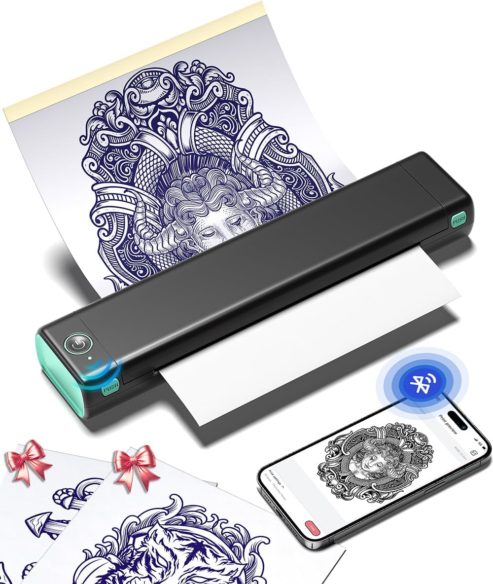 Phomemo Tattoo Stencil Printer, M08F Bluetooth Thermal Tattoo Printer with 10pcs Transfer Paper, Compatible with Phone/Tablet/PC, Tattoo Supplies for Tattoo Artist & Beginner, Black & Green