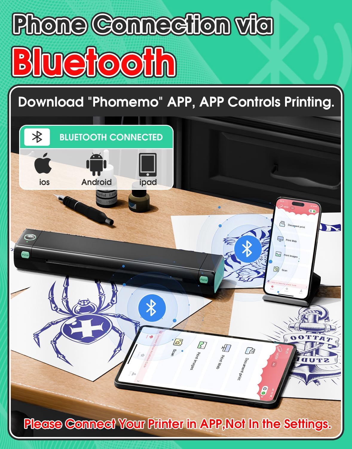 Phomemo Tattoo Stencil Printer, M08F Bluetooth Thermal Tattoo Printer with 10pcs Transfer Paper, Compatible with Phone/Tablet/PC, Tattoo Supplies for Tattoo Artist & Beginner, Black & Green