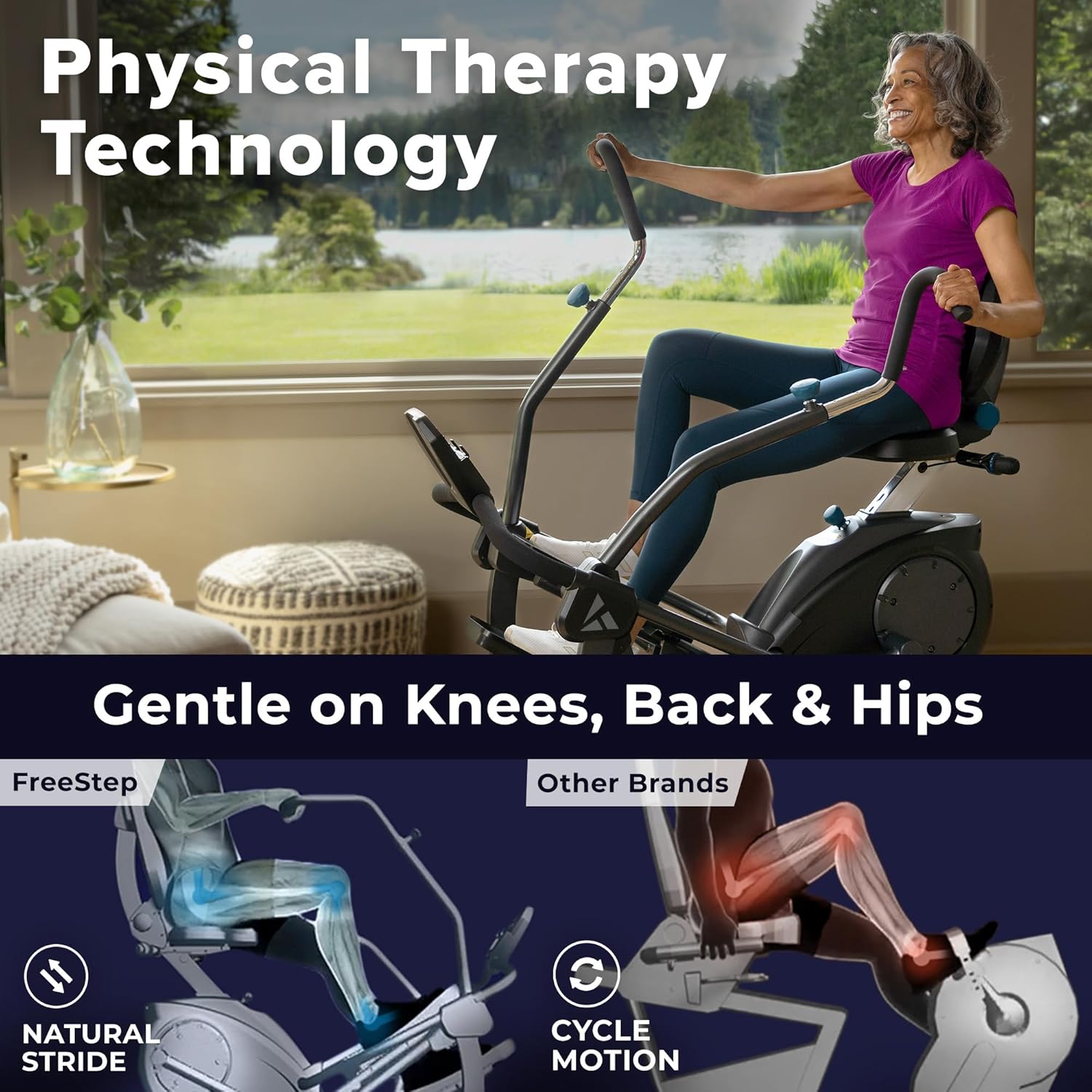 Teeter FreeStep Recumbent Cross Trainer Stepper Zero-Impact Exercise Bike Alternative w/Patented Physical Therapy Stride Up to 350lb Free App w/Trainer Workouts