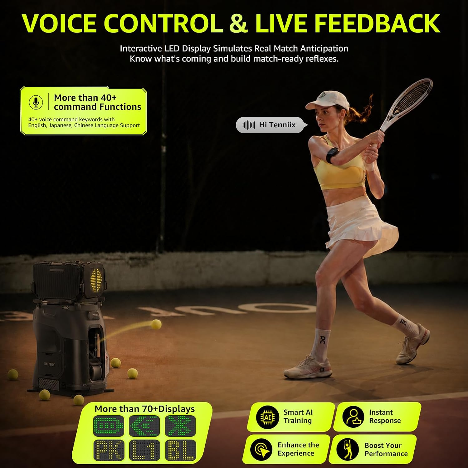 TENNIIX Basic Tennis Ball Machine, 18.7LB Portable Tennis Robot, 4H Runtime & 100+ Ball Capacity, Smart App & Voice Control, Multi-Training Mode, LED Display, 75MPH, Ideal for Beginners & Pro