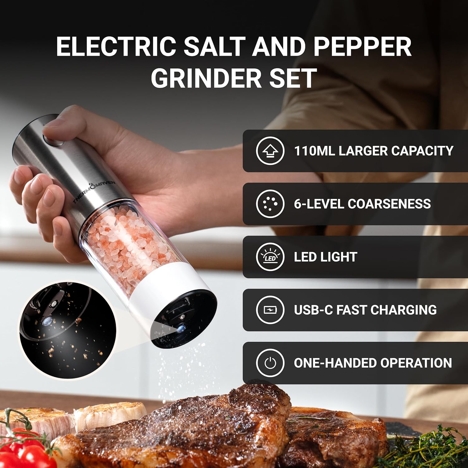 ThermoMaven 110ml Rechargeable Electric Salt and Pepper Grinder Set