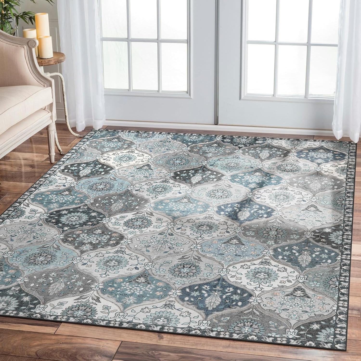 Lahome Moroccan Washable Area Rug 6x9 Ultra-Thin Large Living Room Rugs for Bedroom Oriental Trellis Distressed Non Shedding Throw Carpet for Dining Room Office Elise Blue