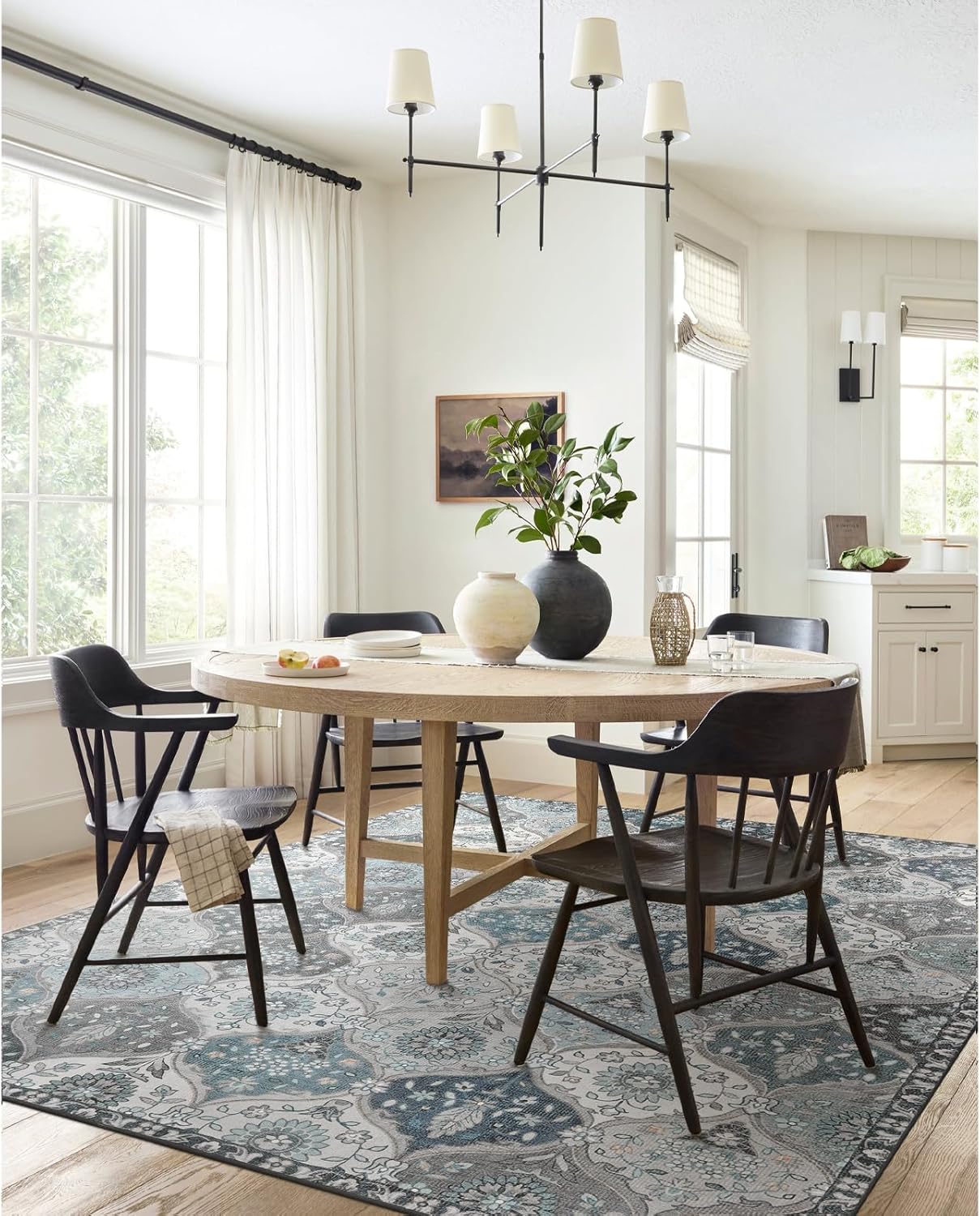 Lahome Moroccan Washable Area Rug 6x9 Ultra-Thin Large Living Room Rugs for Bedroom Oriental Trellis Distressed Non Shedding Throw Carpet for Dining Room Office Elise Blue