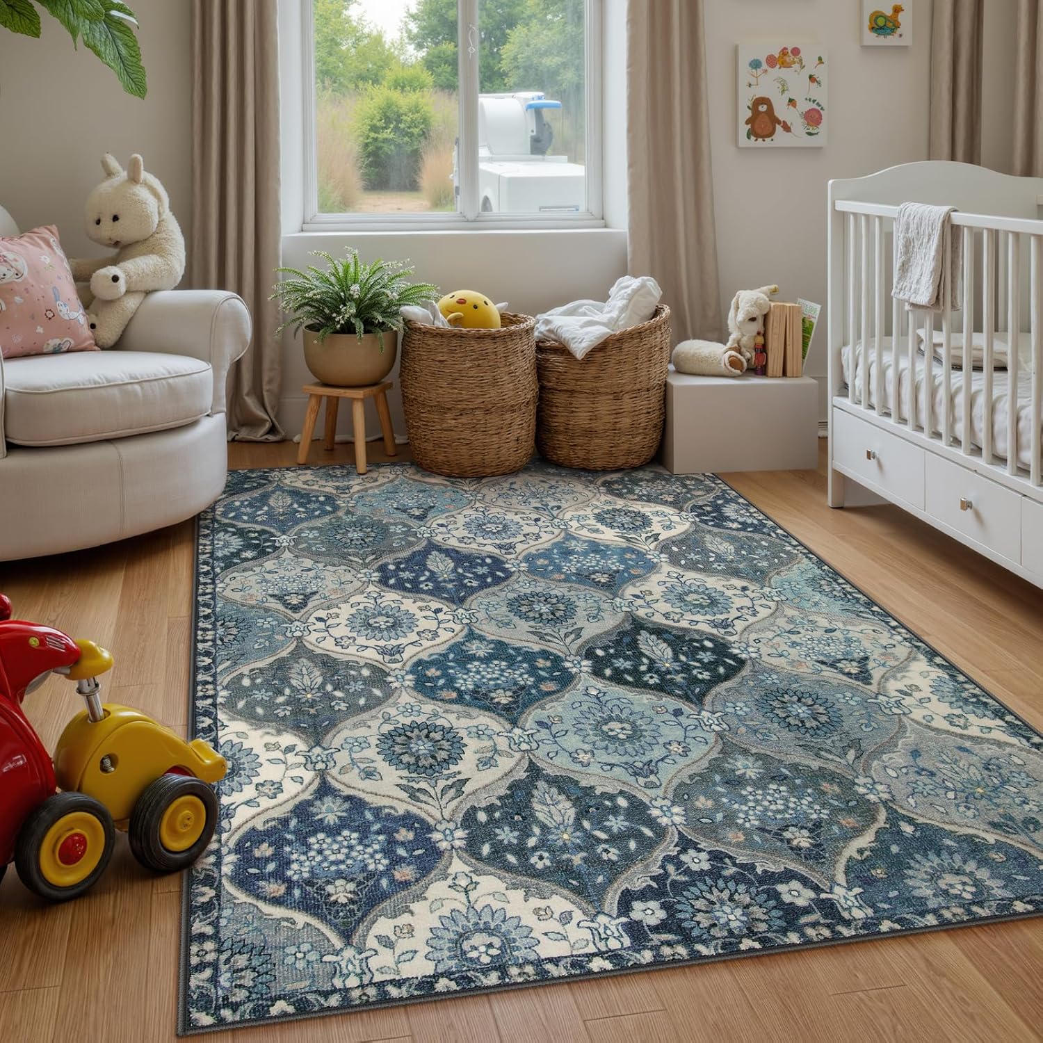 Lahome Moroccan Washable Area Rug 6x9 Ultra-Thin Large Living Room Rugs for Bedroom Oriental Trellis Distressed Non Shedding Throw Carpet for Dining Room Office Elise Blue