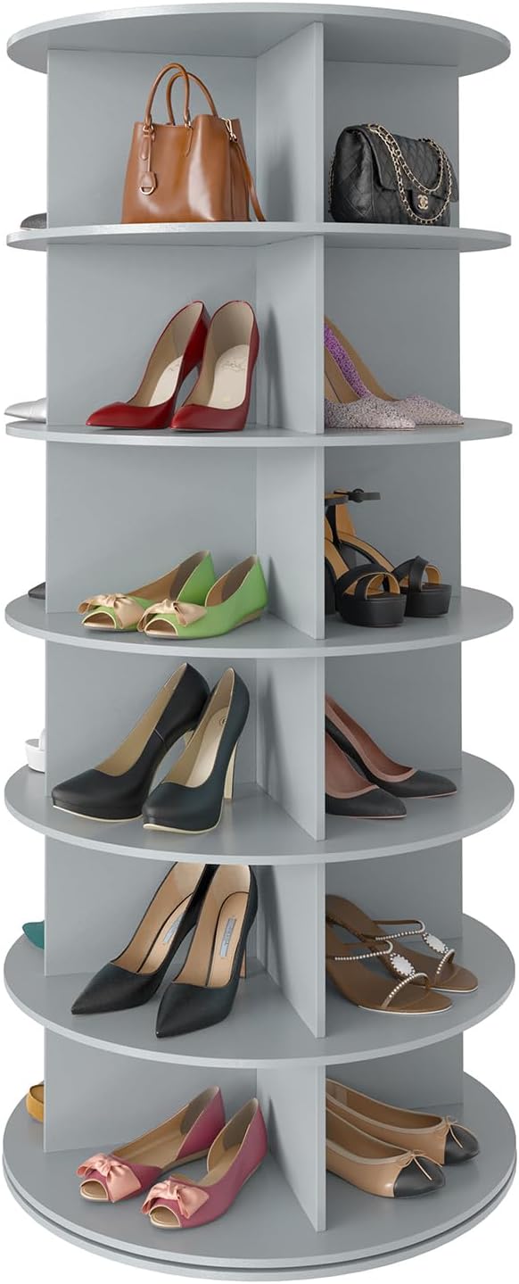 SpaceAid 6 Tier Rotating Shoe Rack Tower Spinning Shoe Display Lazy Susan Revolving 360 Shoe Rack Storage Round Carousel Vertical Handbag Rotate Shoes Closet Organization (6-Tier Gray)