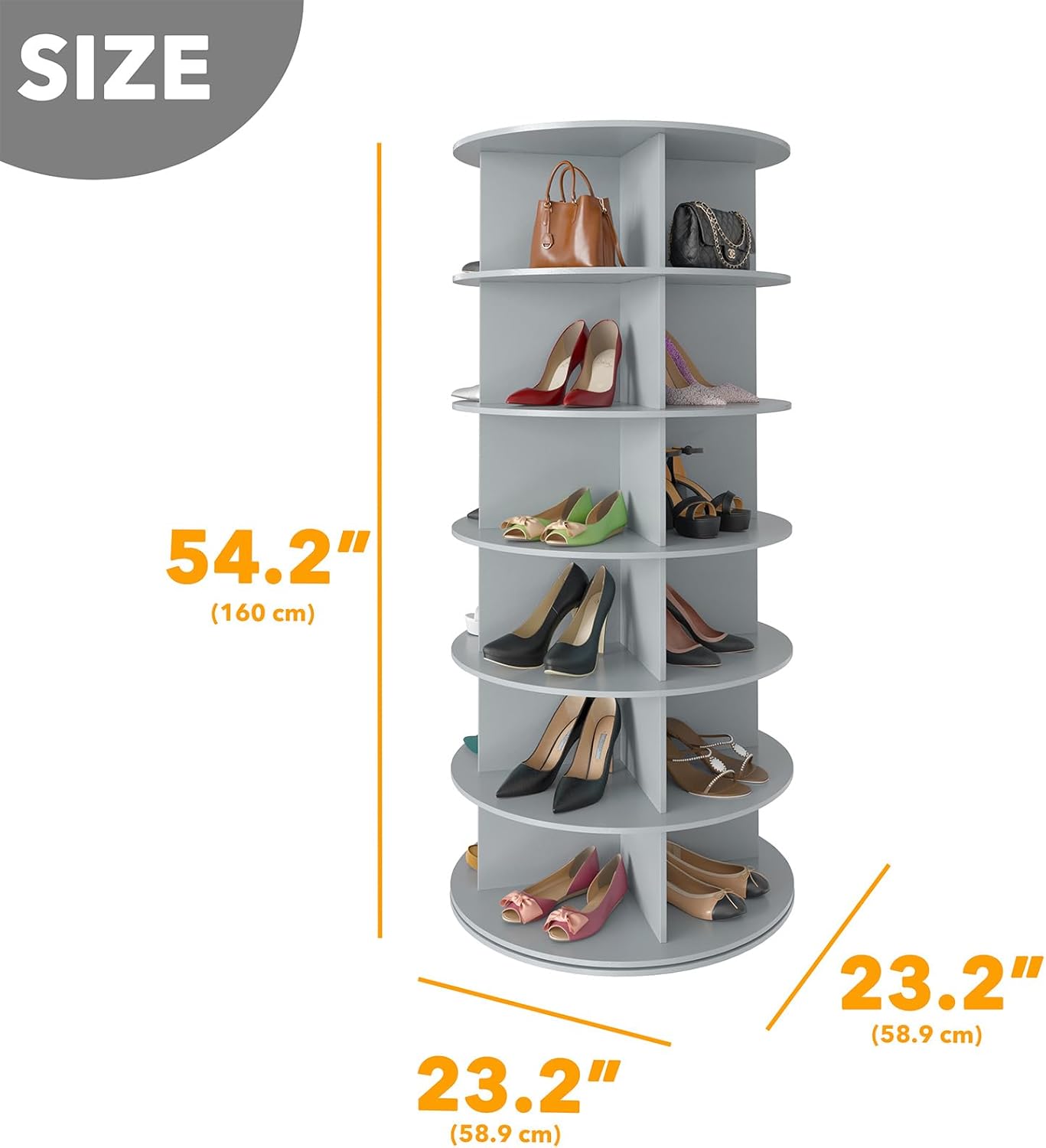 SpaceAid 6 Tier Rotating Shoe Rack Tower Spinning Shoe Display Lazy Susan Revolving 360 Shoe Rack Storage Round Carousel Vertical Handbag Rotate Shoes Closet Organization (6-Tier Gray)