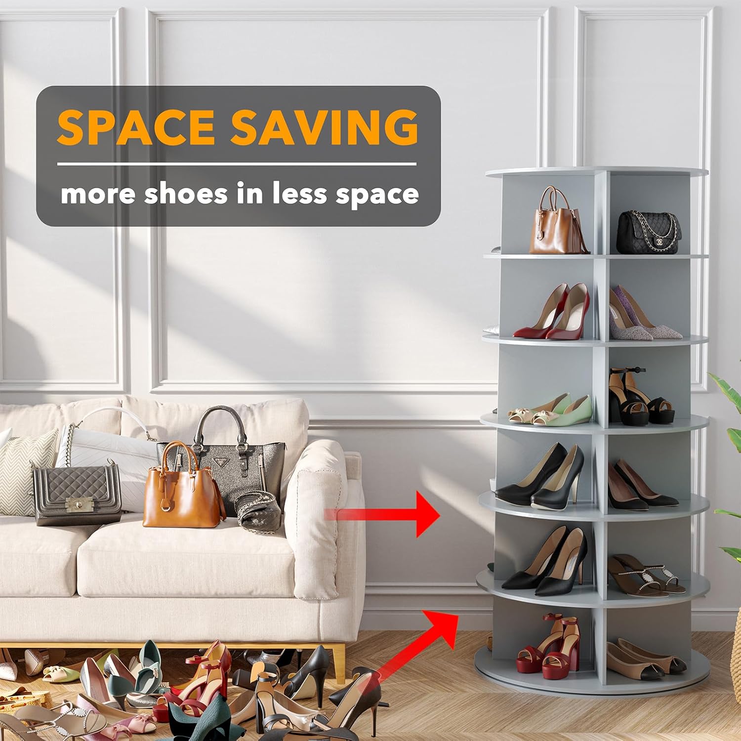 SpaceAid 6 Tier Rotating Shoe Rack Tower Spinning Shoe Display Lazy Susan Revolving 360 Shoe Rack Storage Round Carousel Vertical Handbag Rotate Shoes Closet Organization (6-Tier Gray)