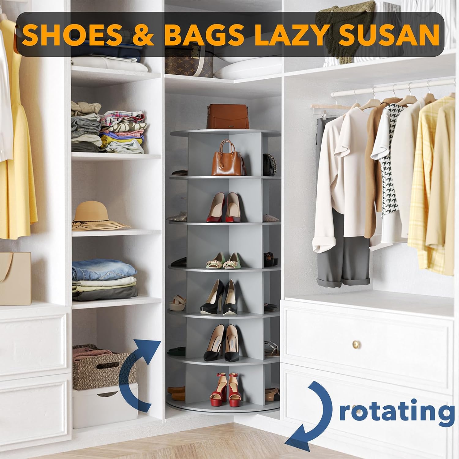 SpaceAid 6 Tier Rotating Shoe Rack Tower Spinning Shoe Display Lazy Susan Revolving 360 Shoe Rack Storage Round Carousel Vertical Handbag Rotate Shoes Closet Organization (6-Tier Gray)