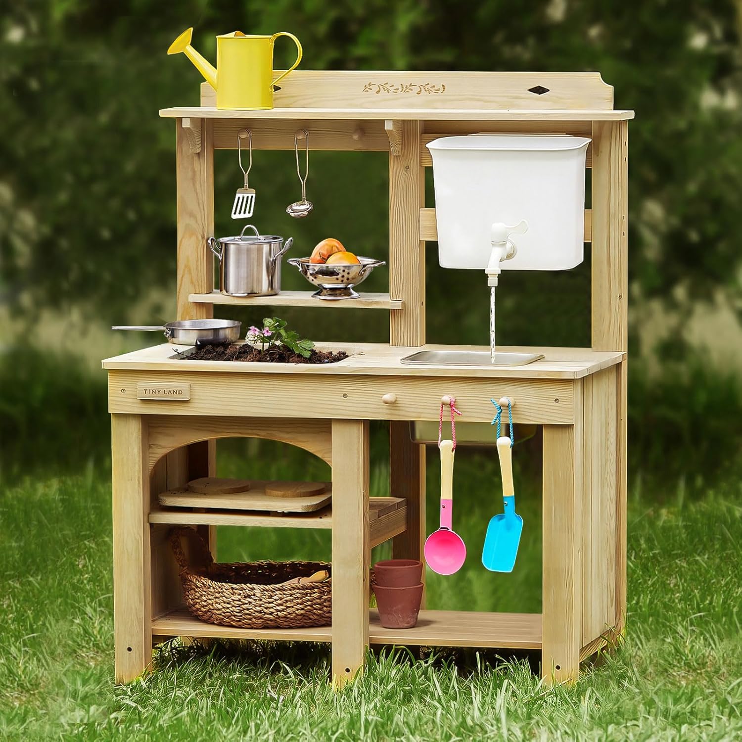Tiny Land Outdoor Mud Kitchen for Kids Wooden Play Kitchen with Water Tank Water & Cooking Play Sensory Fun Weather-Resistant with Storage Ideal for Toddlers Ages 3+